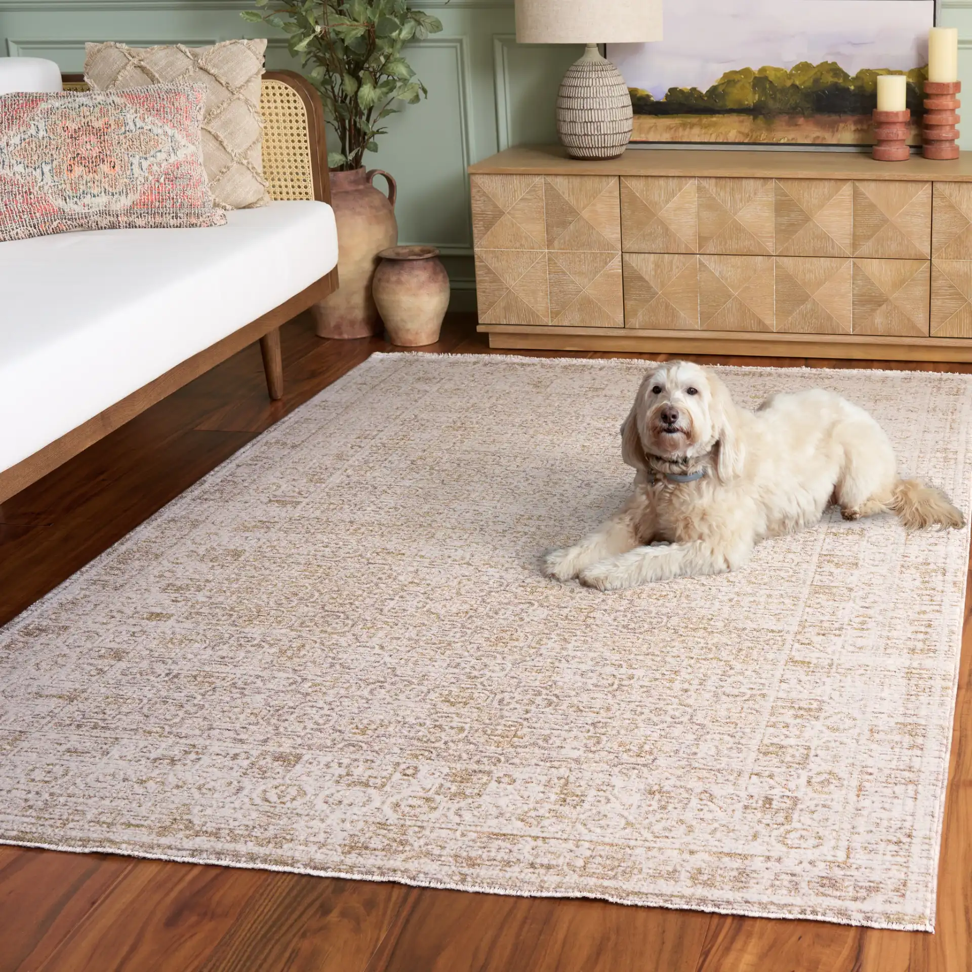 Romance Distressed Tile Rug in Ivory / Brown in a styled room