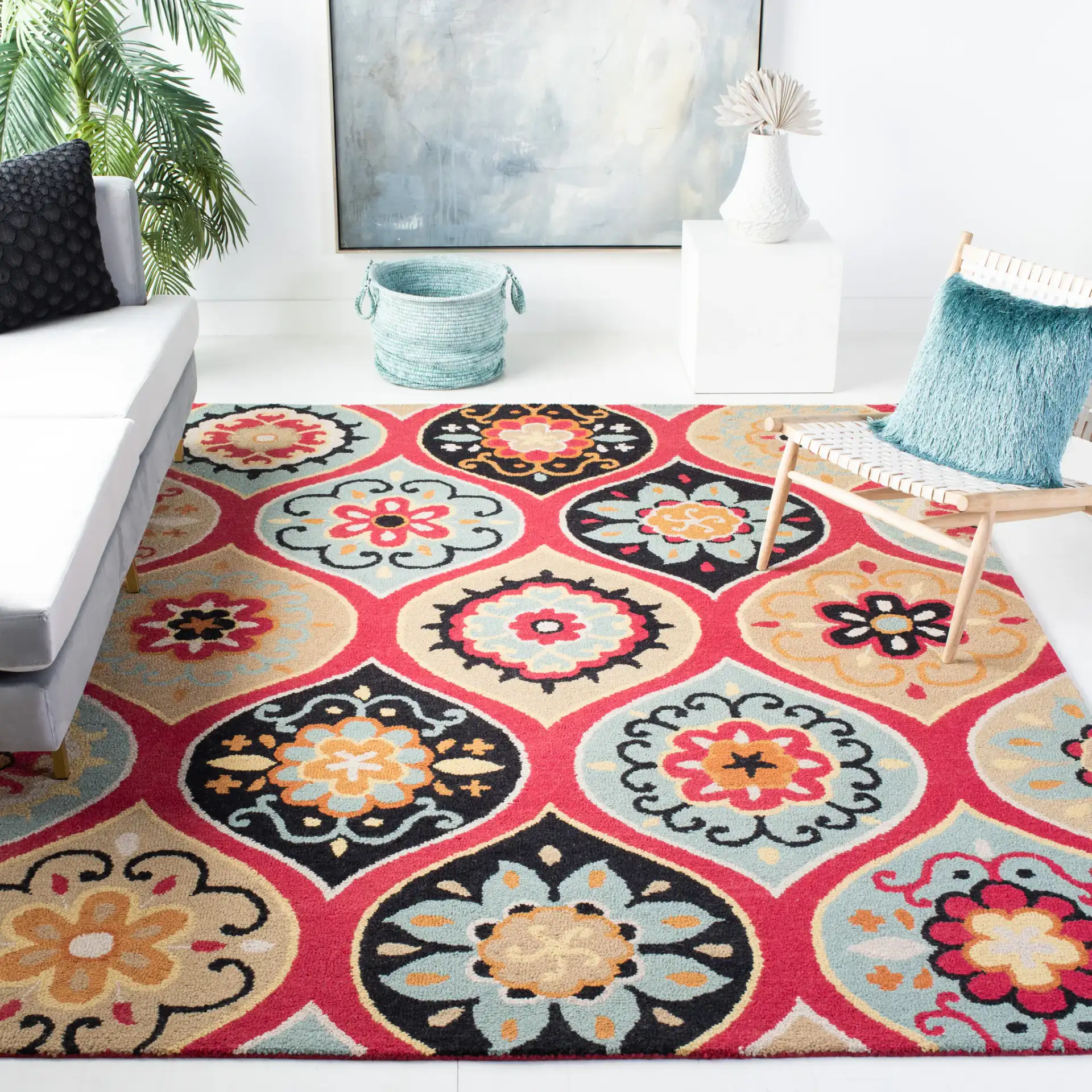 Roslyn Floral Medallion Hand-Tufted Wool Rug in Blue / Multicolor in a styled room