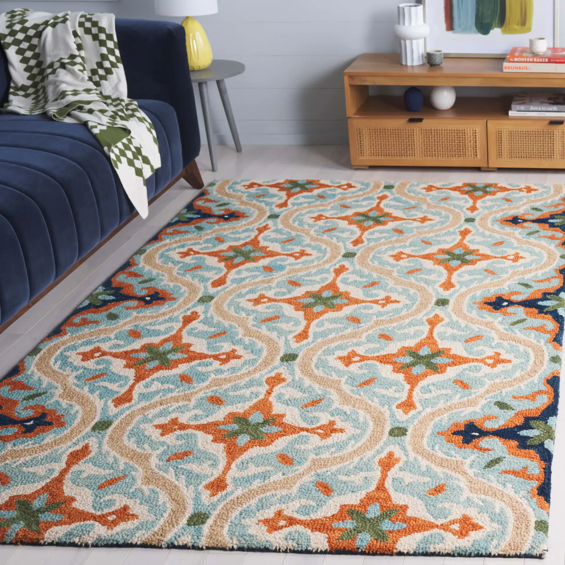 Roslyn Ogee Hand-Tufted Wool Rug in Blue / Beige in a styled room