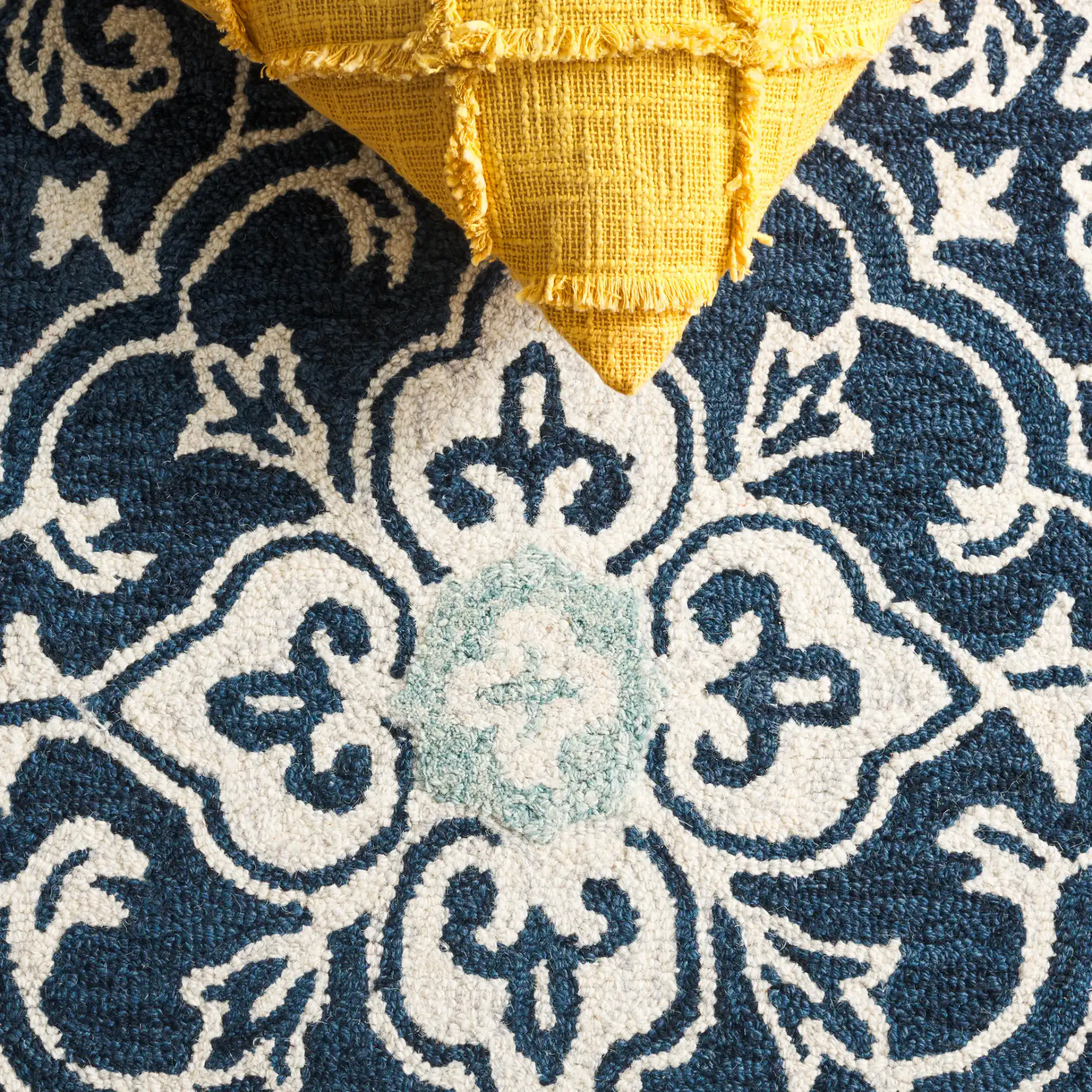 Roslyn Interlocking Tile Hand-Tufted Wool Rug in Navy / Light Blue in a styled room