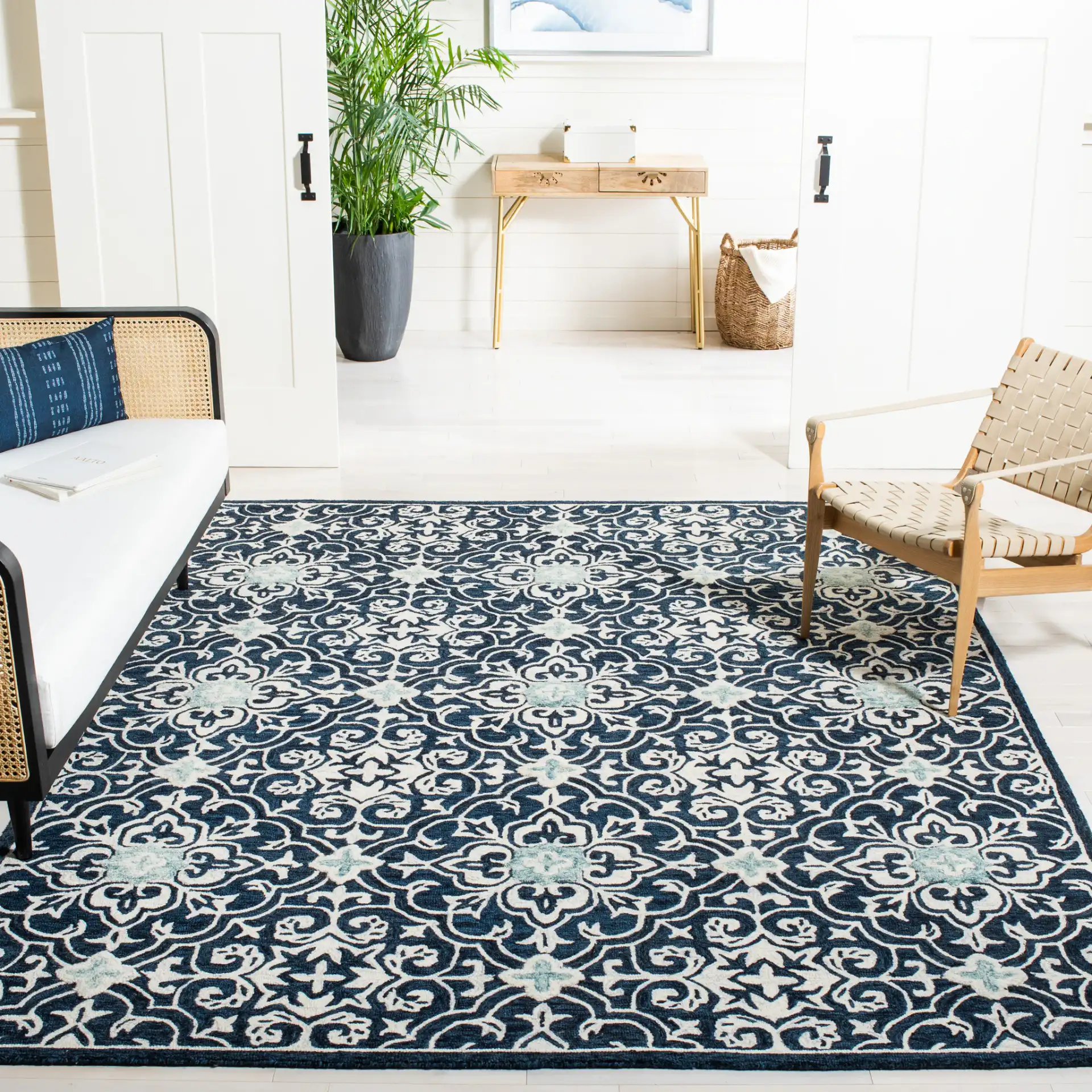 Roslyn Interlocking Tile Hand-Tufted Wool Rug in Navy / Light Blue in a styled room