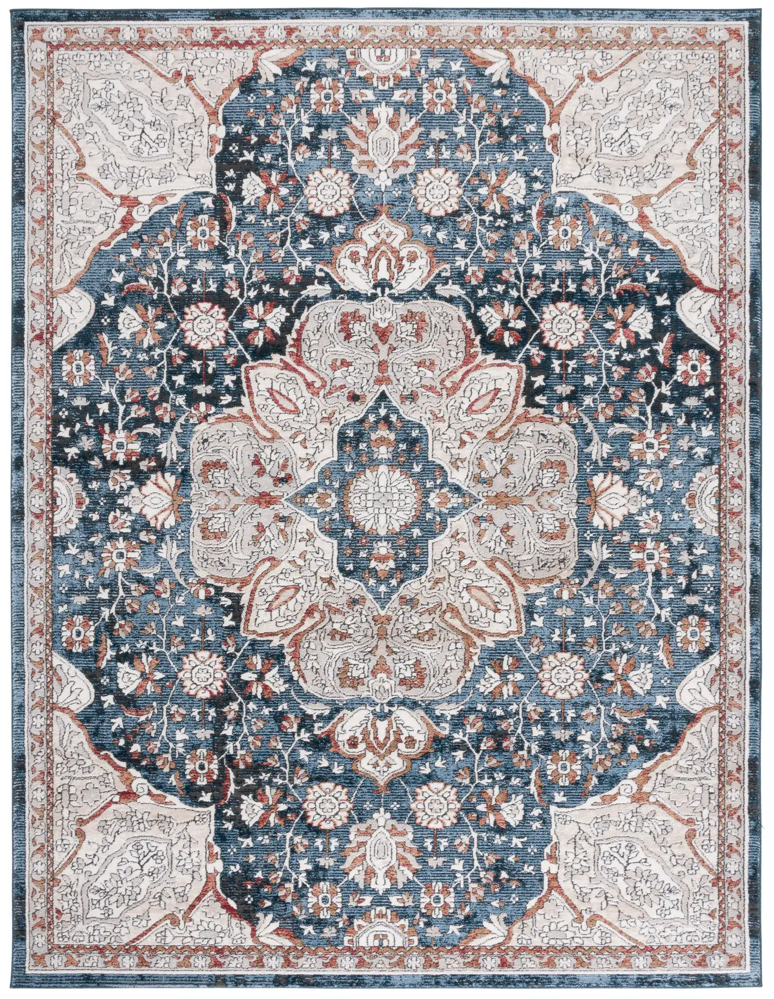 Rosewood Framed Medallion Rug in Ivory / Blue