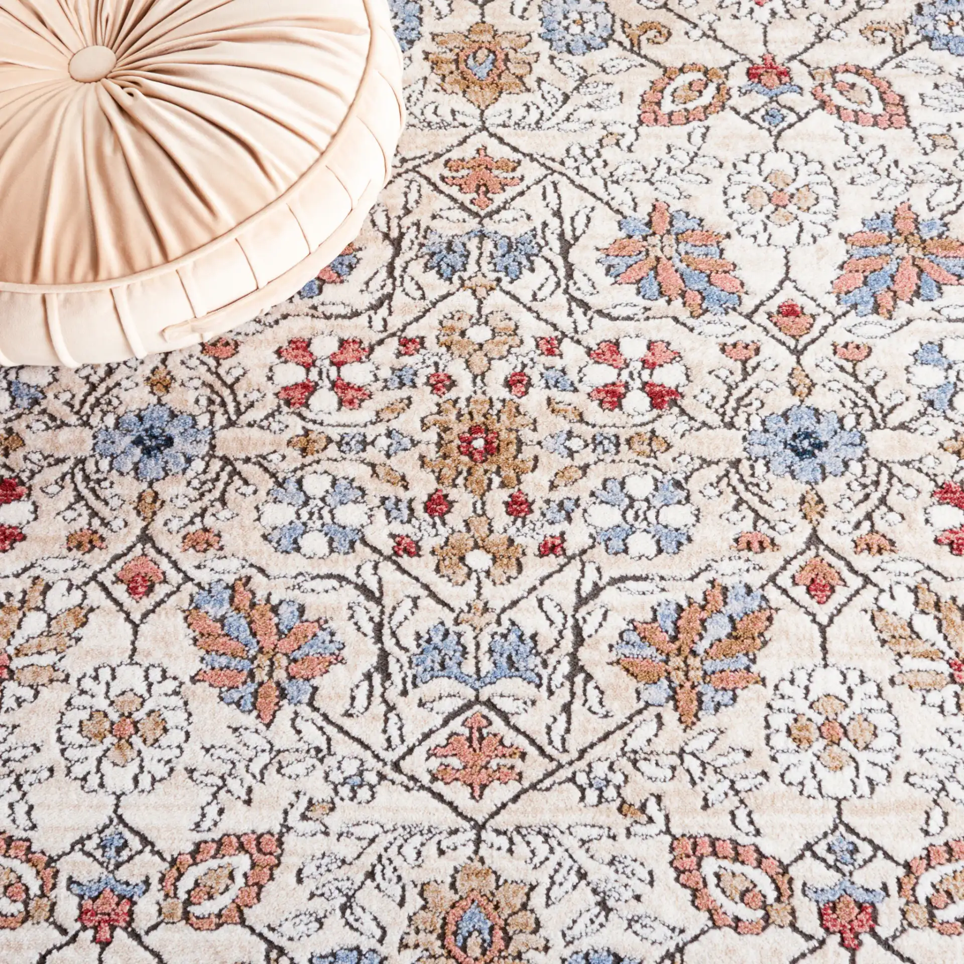 Rosewood Floral Trellis Rug in Ivory / Blue in a styled room