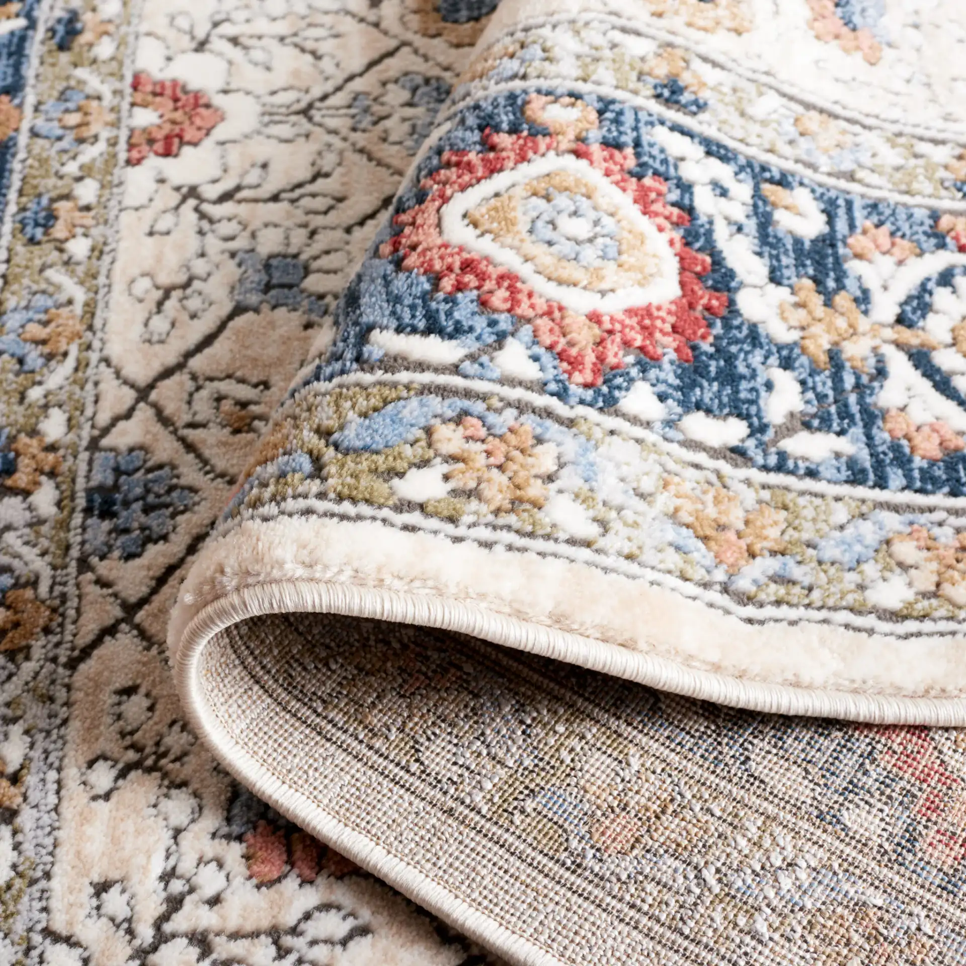 Rosewood Floral Trellis Rug in Ivory / Blue in a styled room