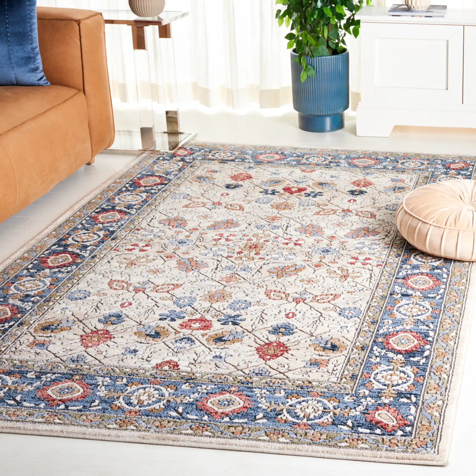 Rosewood Floral Trellis Rug in Ivory / Blue in a styled room