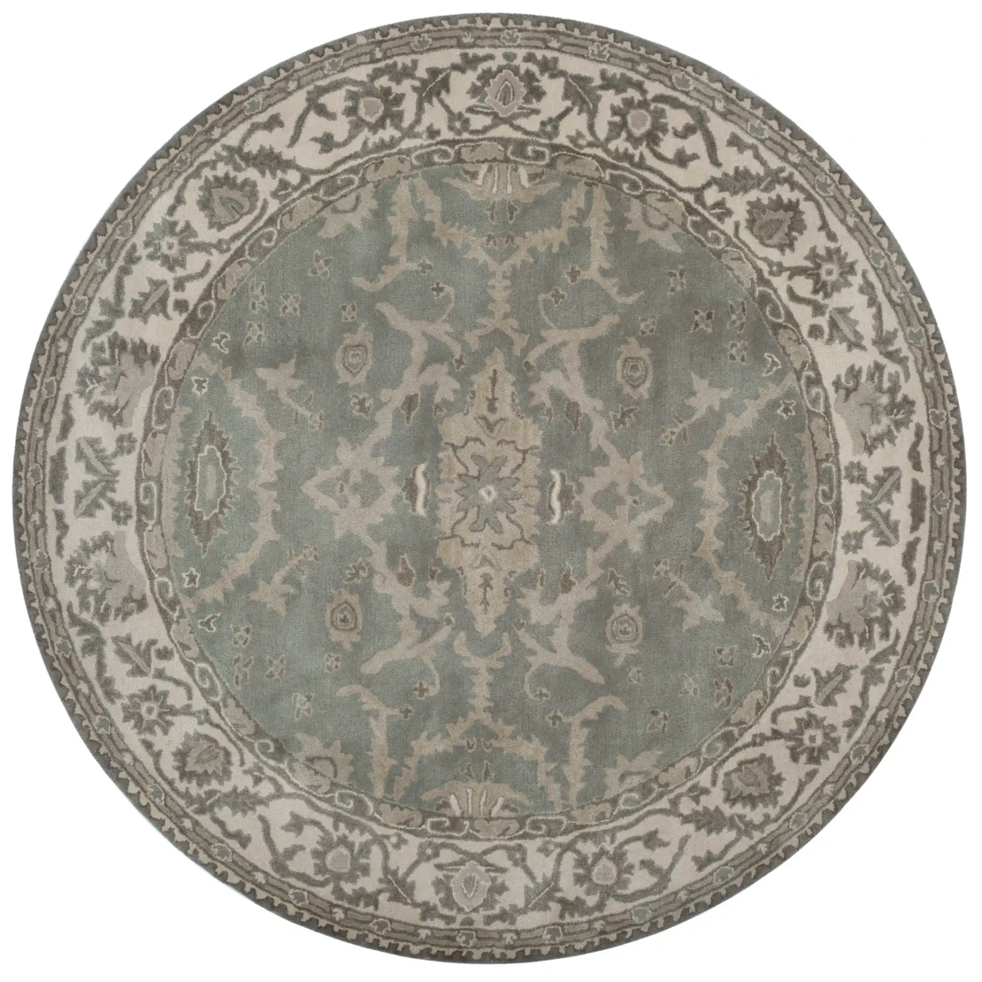 Royalty Palmette Bordered Hand-Tufted Wool Rug in Gray / Cream