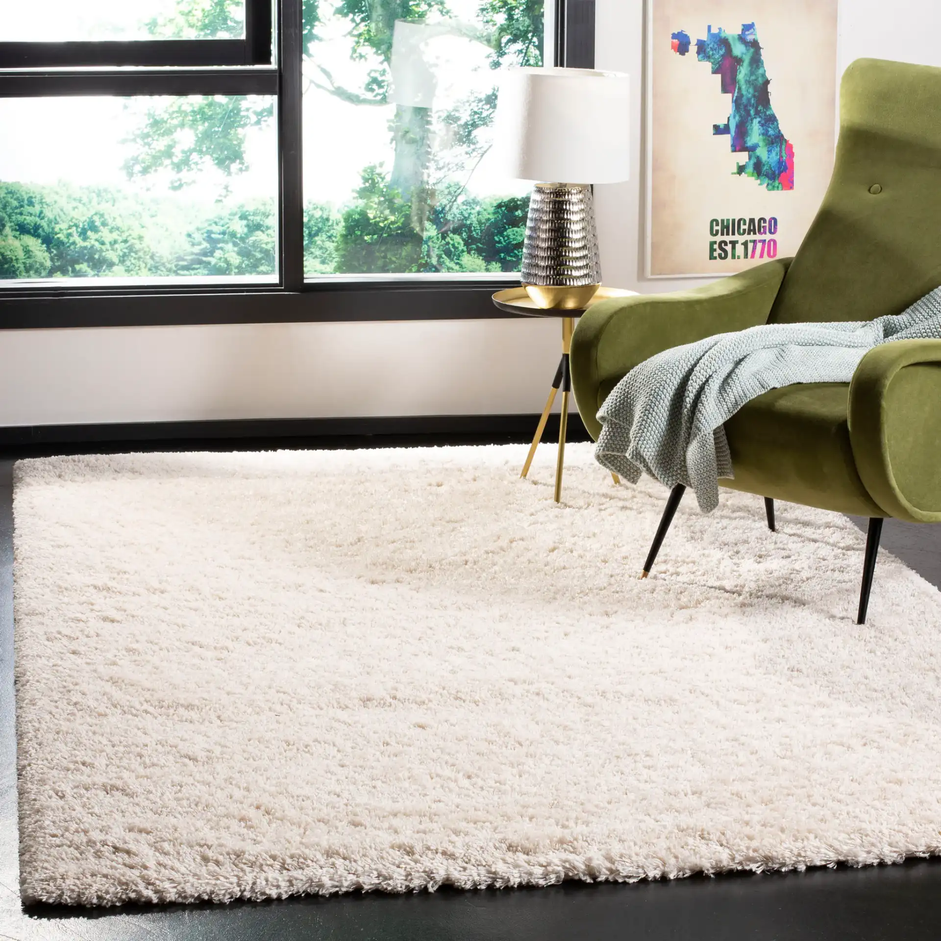 Royal Solid Tonal Shag Rug in Beige in a styled room