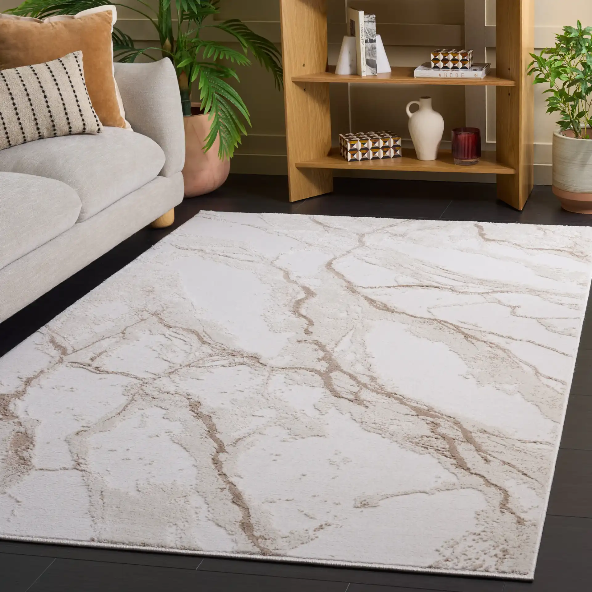 Sable Marble Rug in Ivory / Beige in a styled room