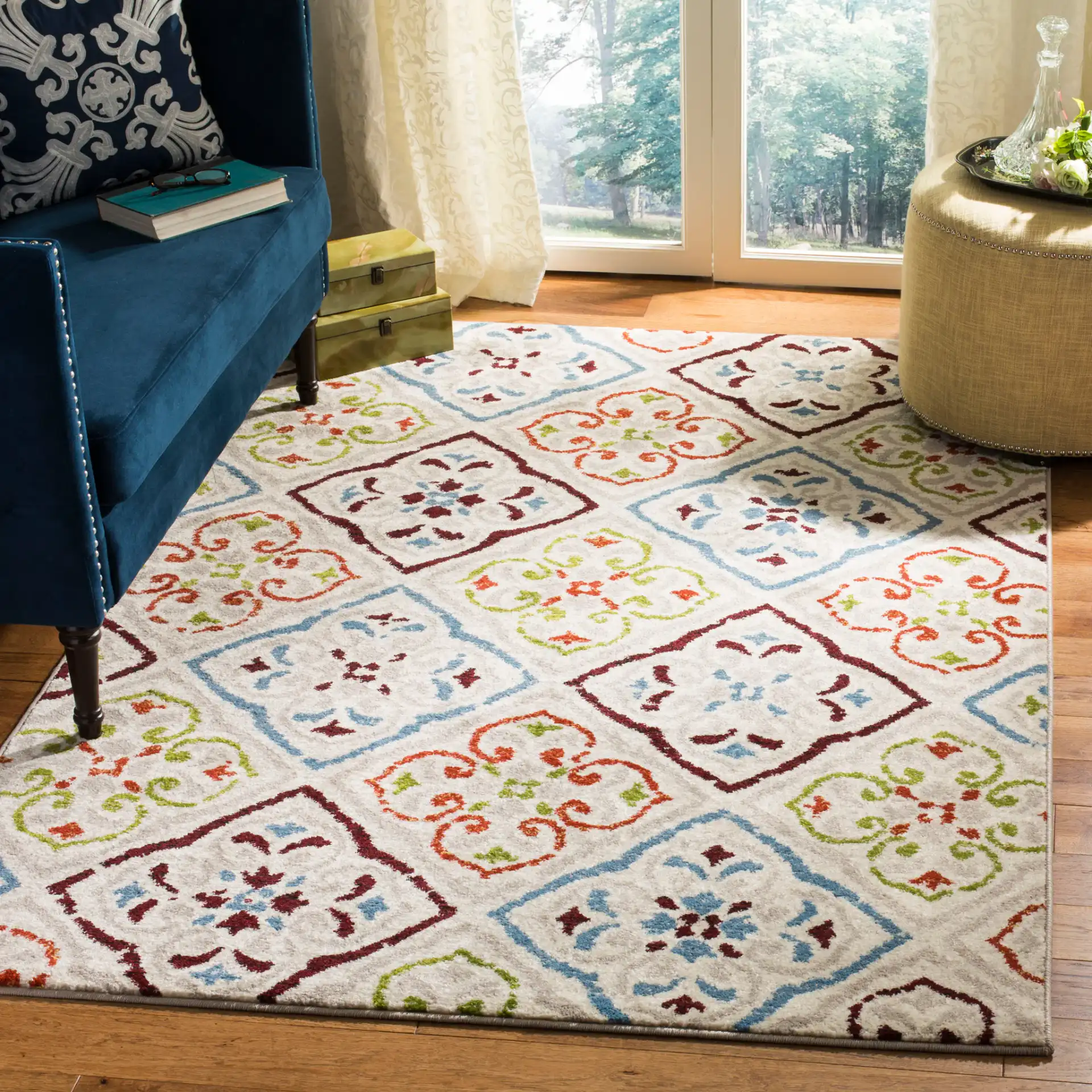 Sagamore Tile Lattice Rug in Light Gray / Terracotta in a styled room