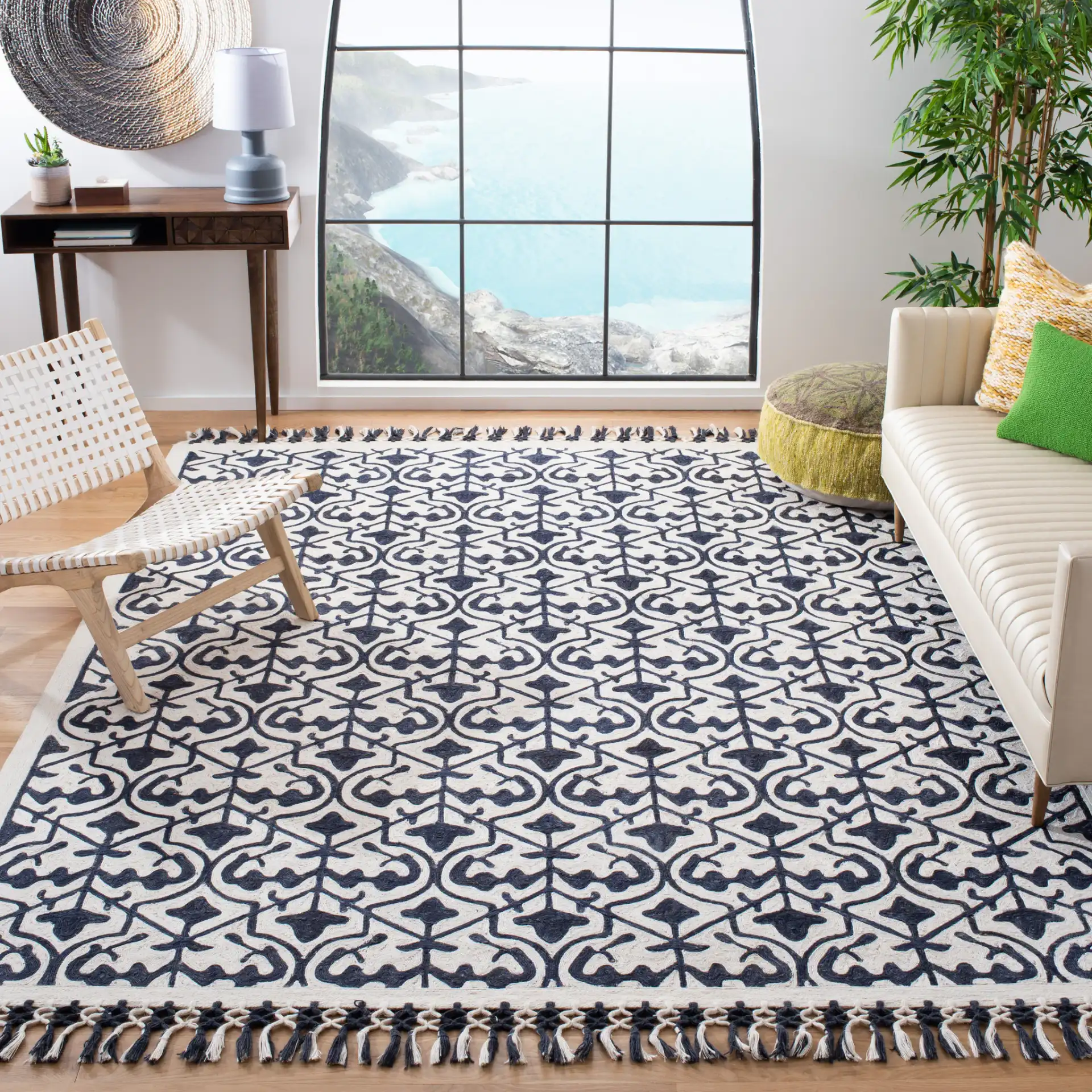 Sahara Trellis Hand-Tufted Rug in Navy / Ivory in a styled room