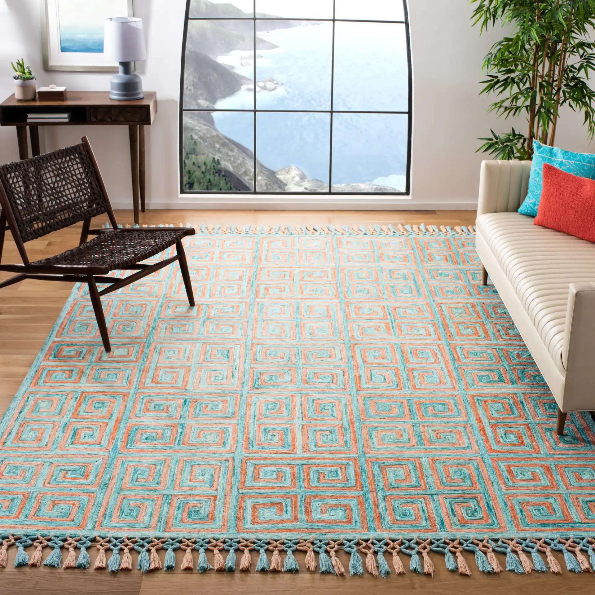 Sahara Greek Key Hand-Tufted Rug in Rust / Aqua in a styled room
