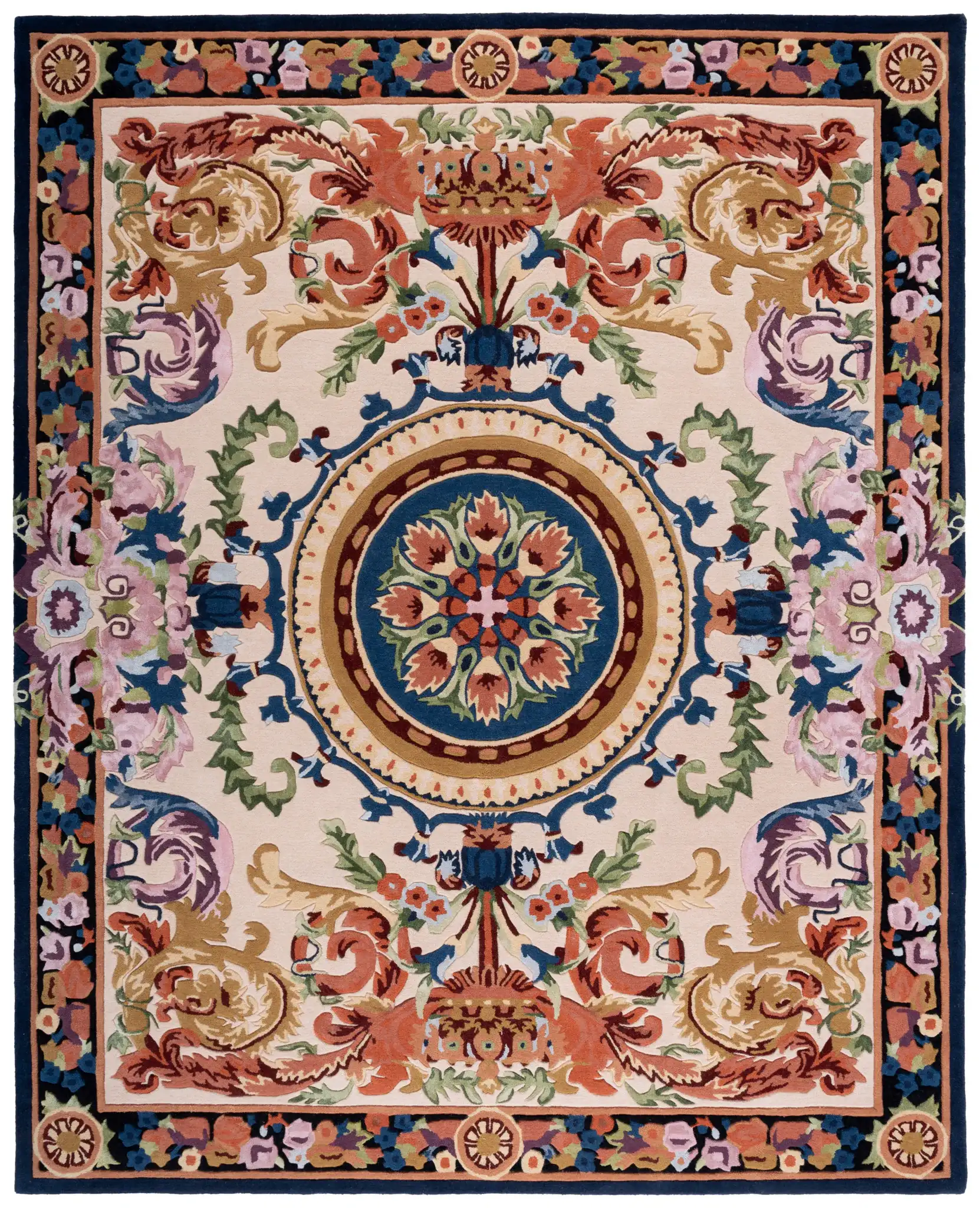 Savonnerie Scroll Medallion Hand-Tufted Rug in Ivory / Orange