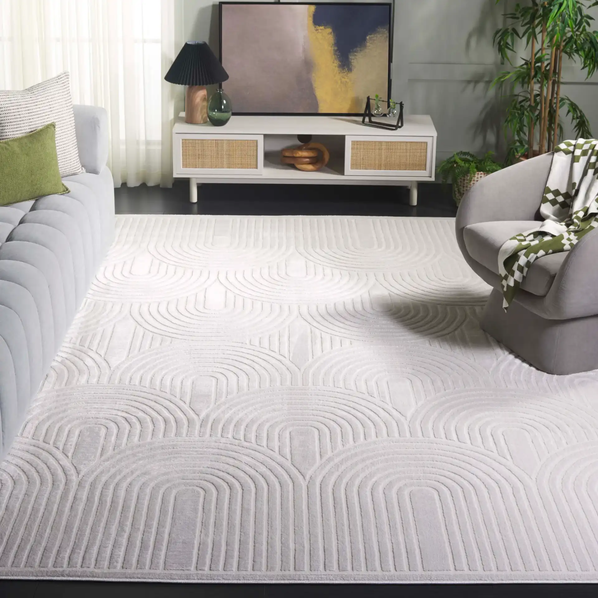 Saylor Concentric Arch Rug in Ivory in a styled room