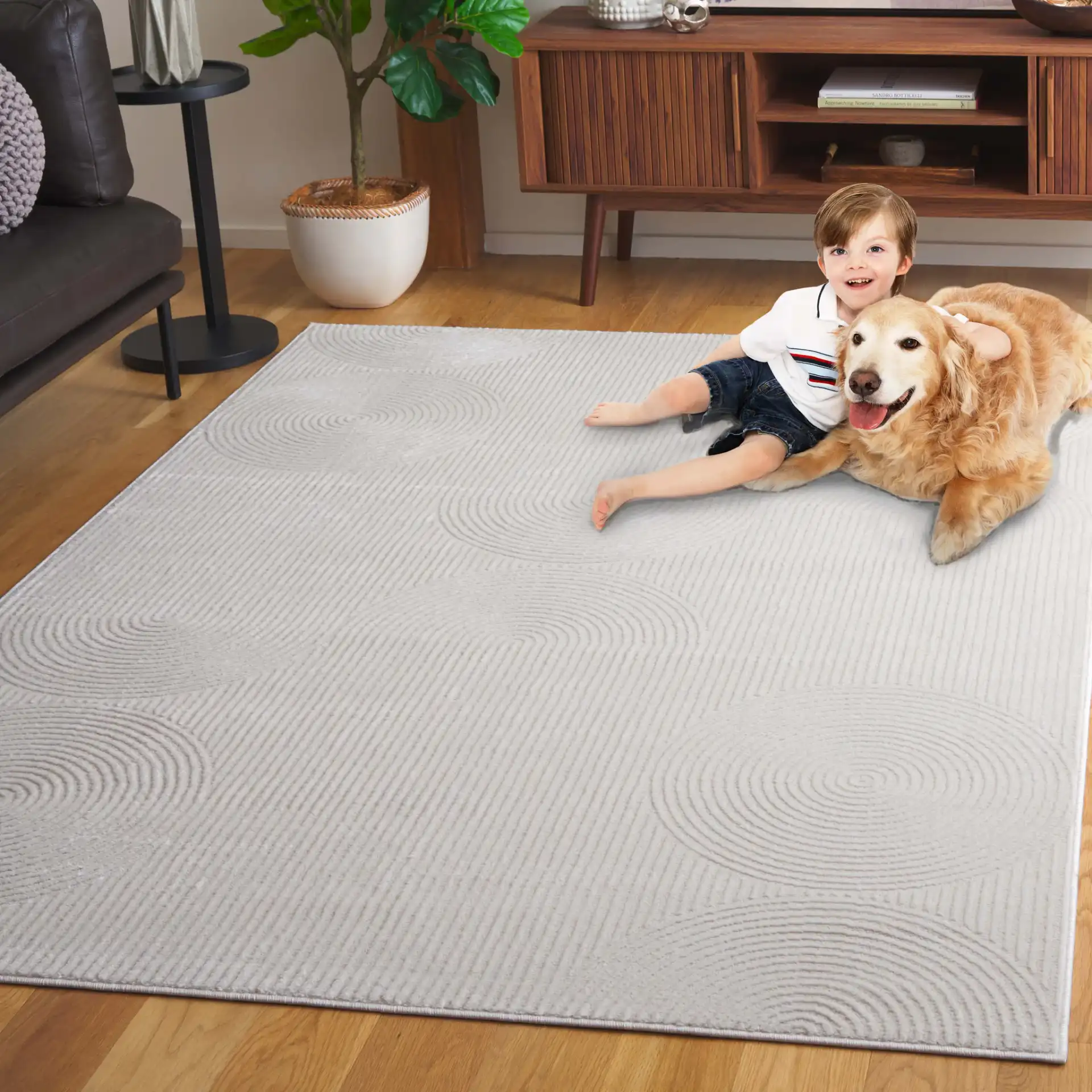 Saylor Concentric Circles Rug in Ivory in a styled room