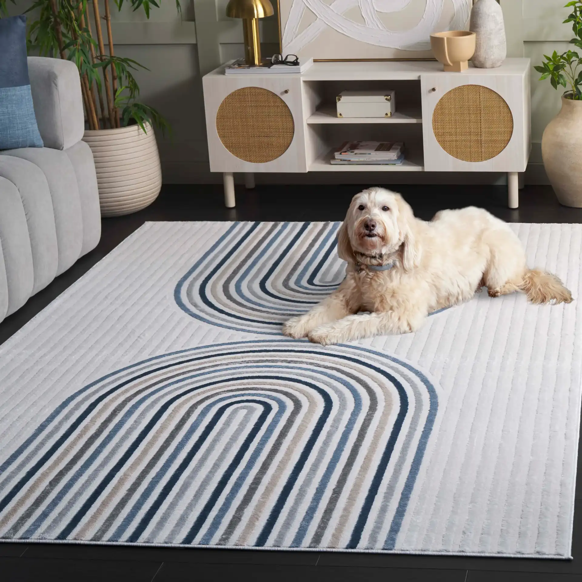 Saylor Nested Arch Rug in Ivory / Blue Gray in a styled room