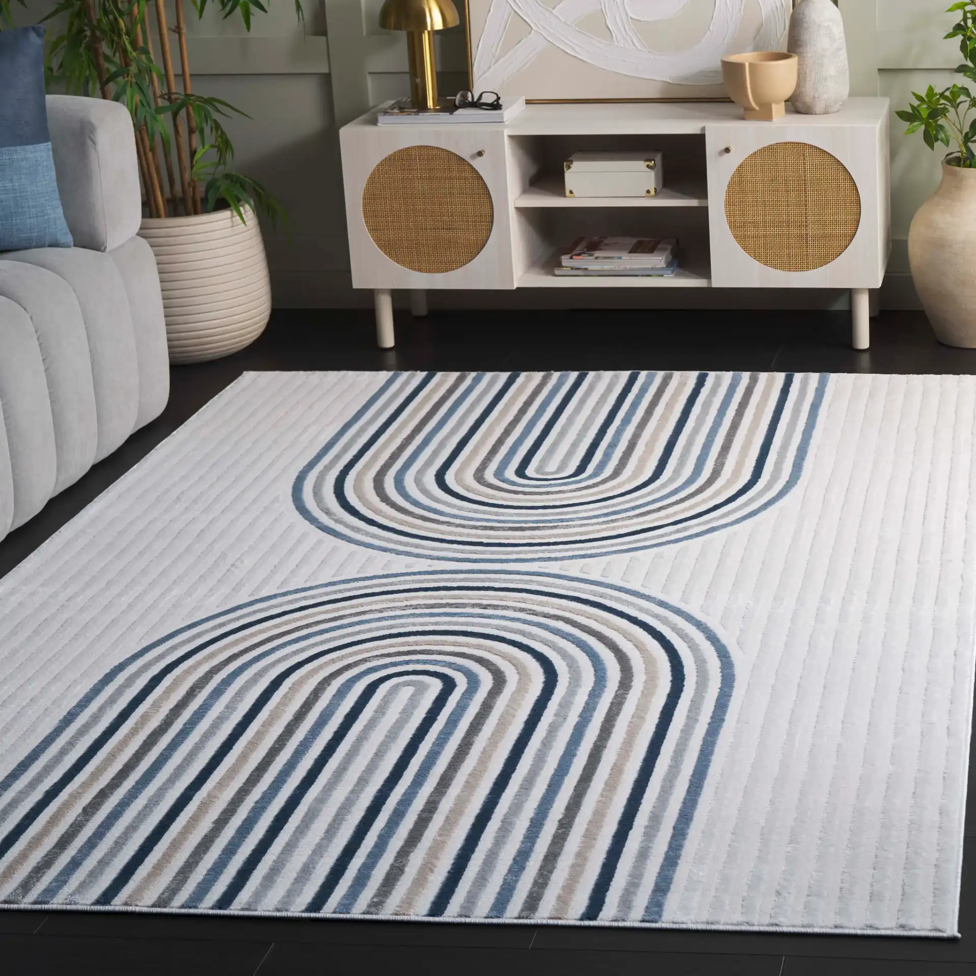 Saylor Nested Arch Rug in Ivory / Blue Gray in a styled room