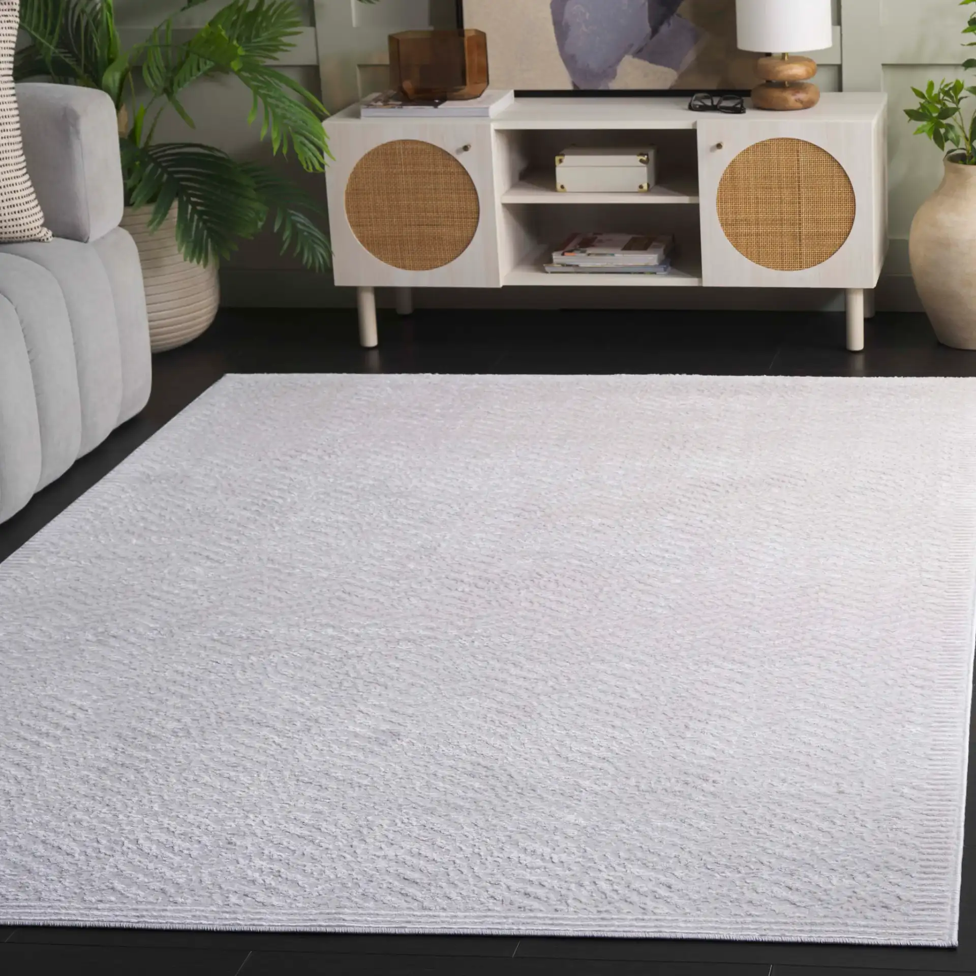 Saylor Chevron Border Rug in Ivory in a styled room