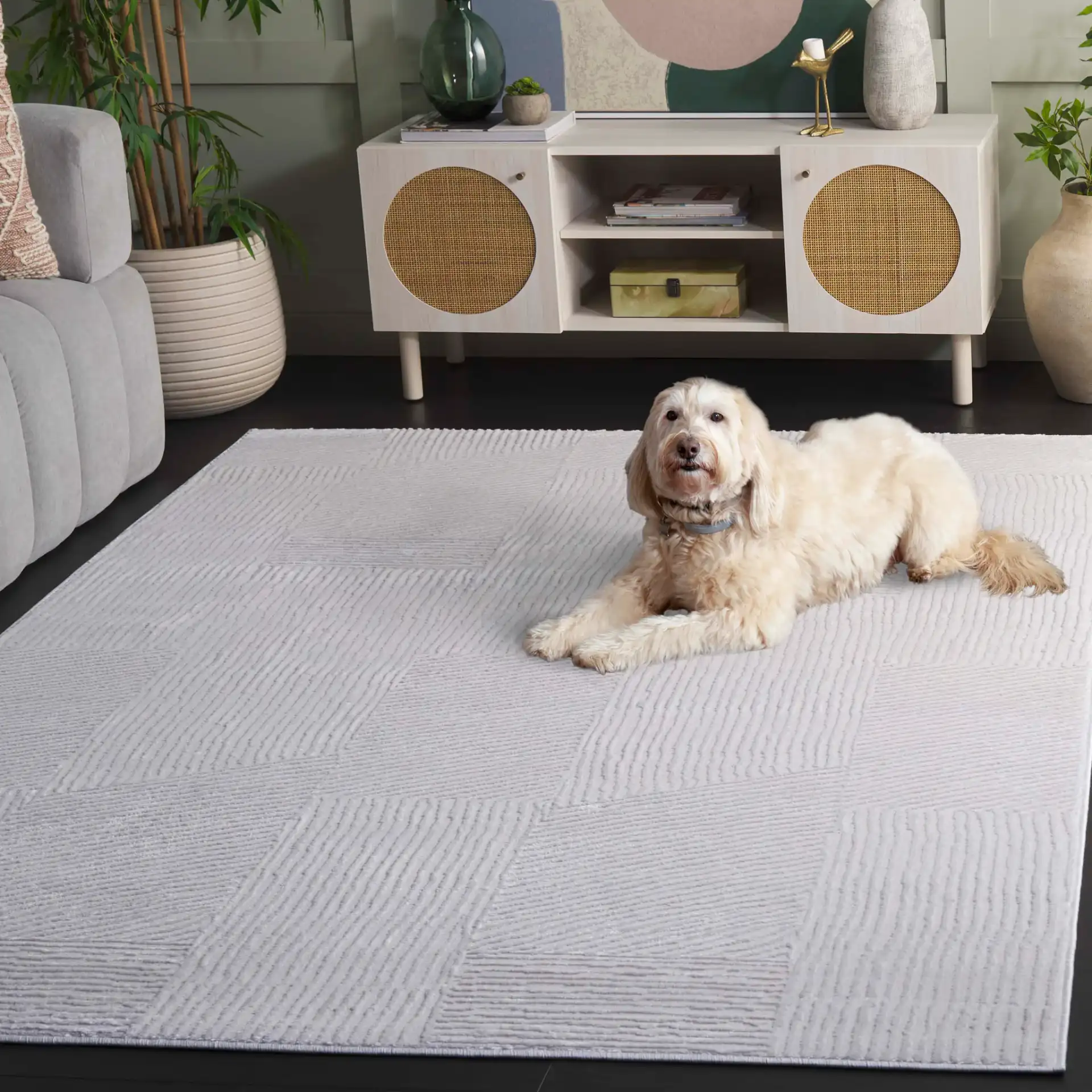 Saylor Ribbed Patchwork Rug in Ivory in a styled room
