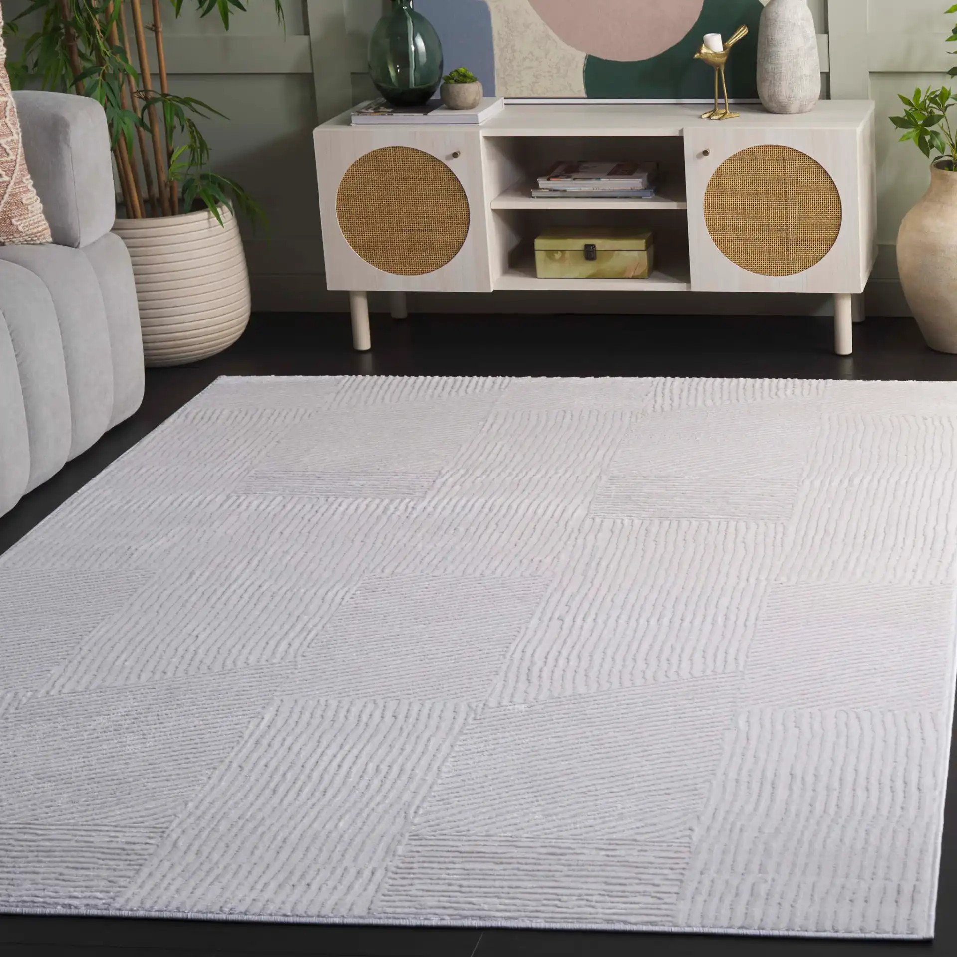 Saylor Ribbed Patchwork Rug in Ivory in a styled room