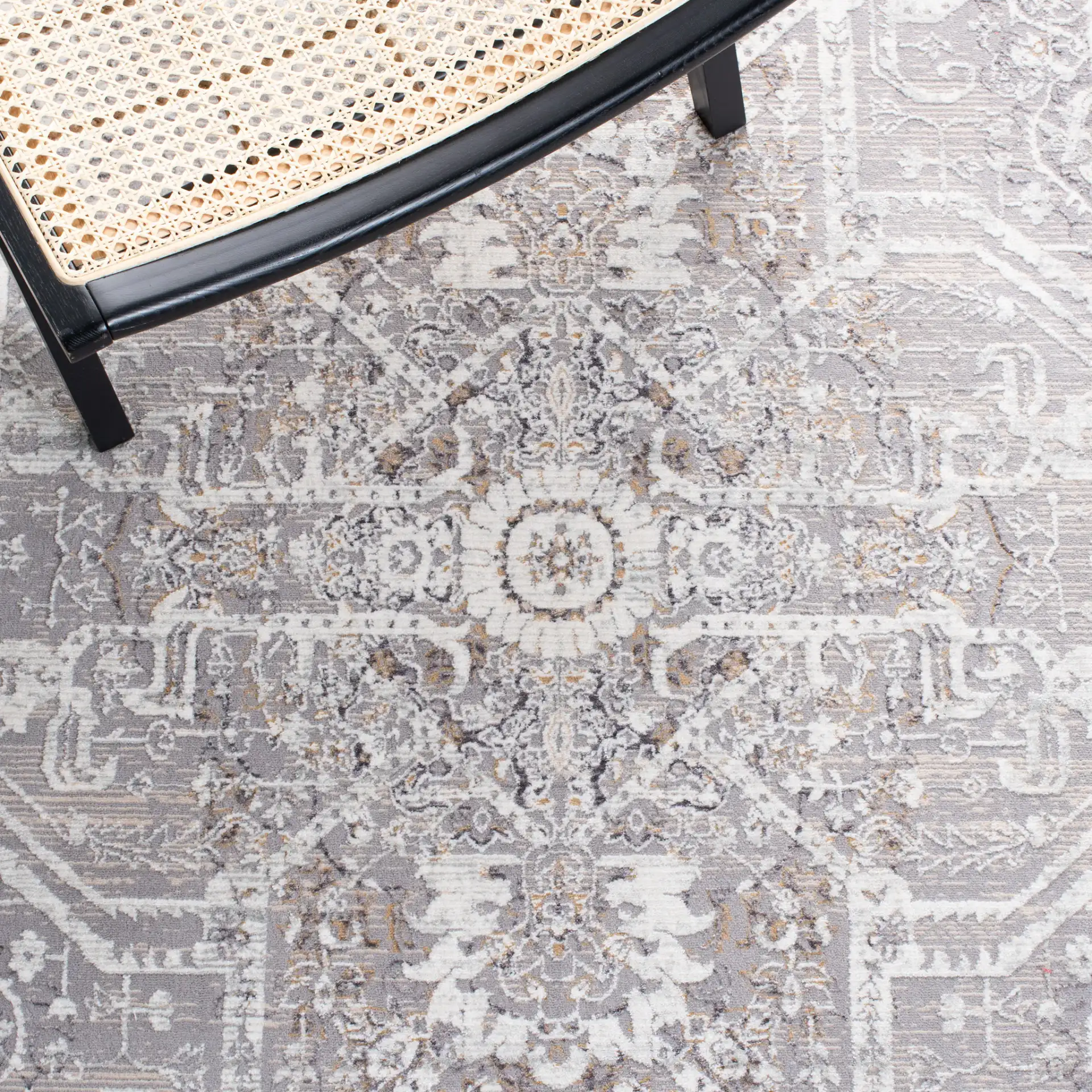 Sabrina Vintage Medallion Bordered Rug in Ivory / Light Gray in a styled room