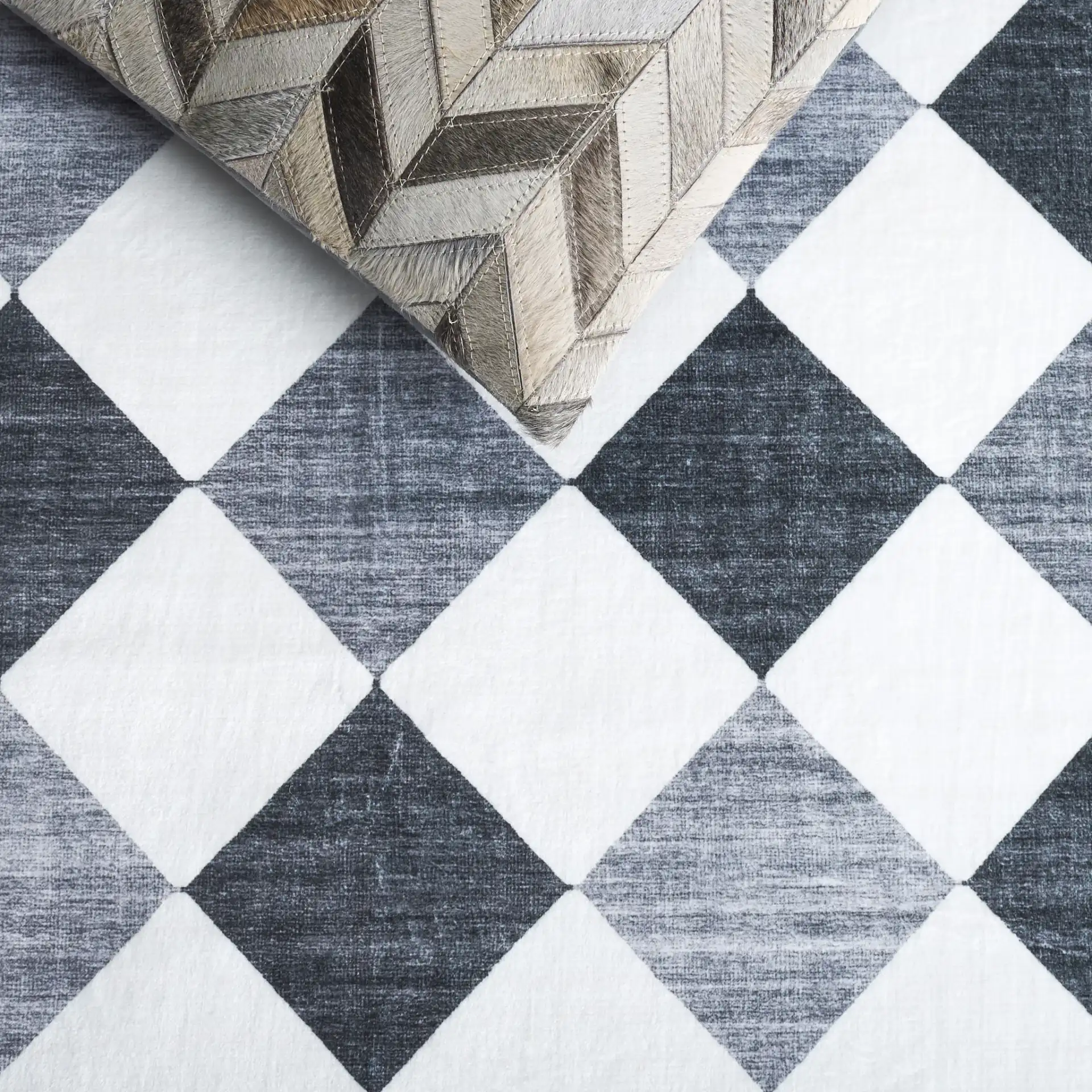 Santa Clara Diamond Washable Rug in Ivory / Gray Black in a styled room