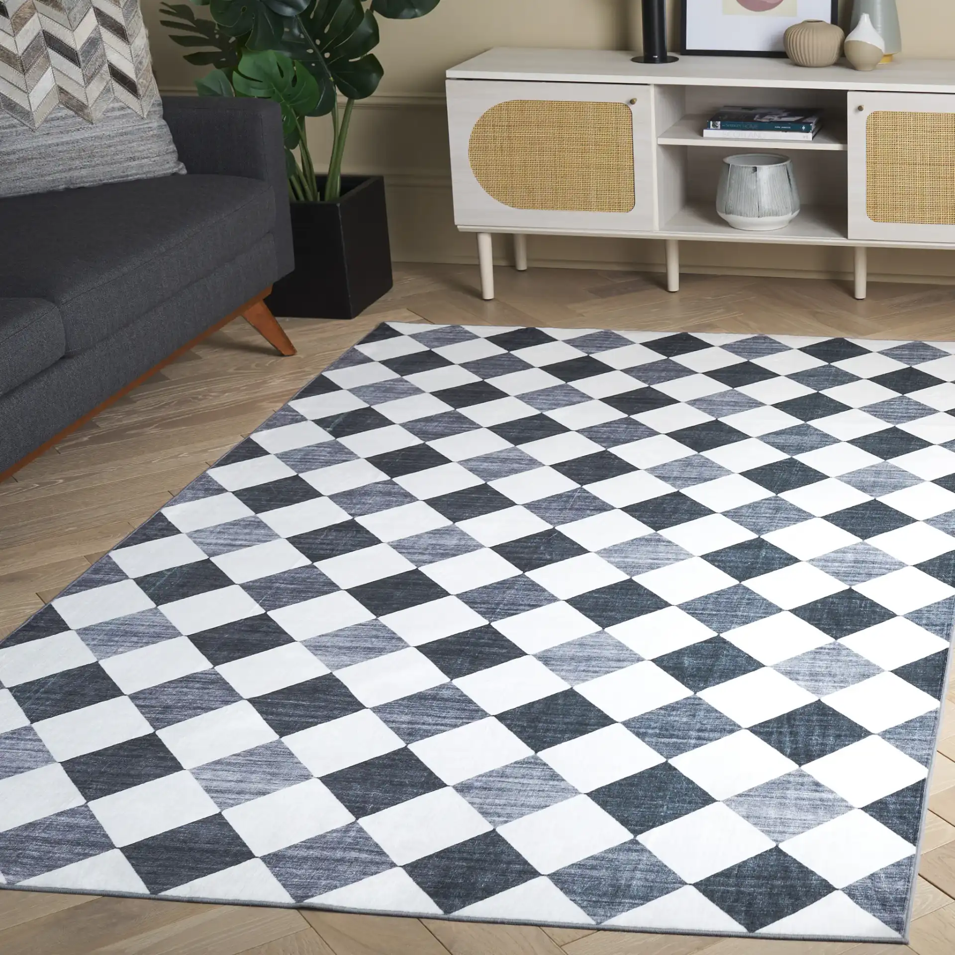 Santa Clara Diamond Washable Rug in Ivory / Gray Black in a styled room