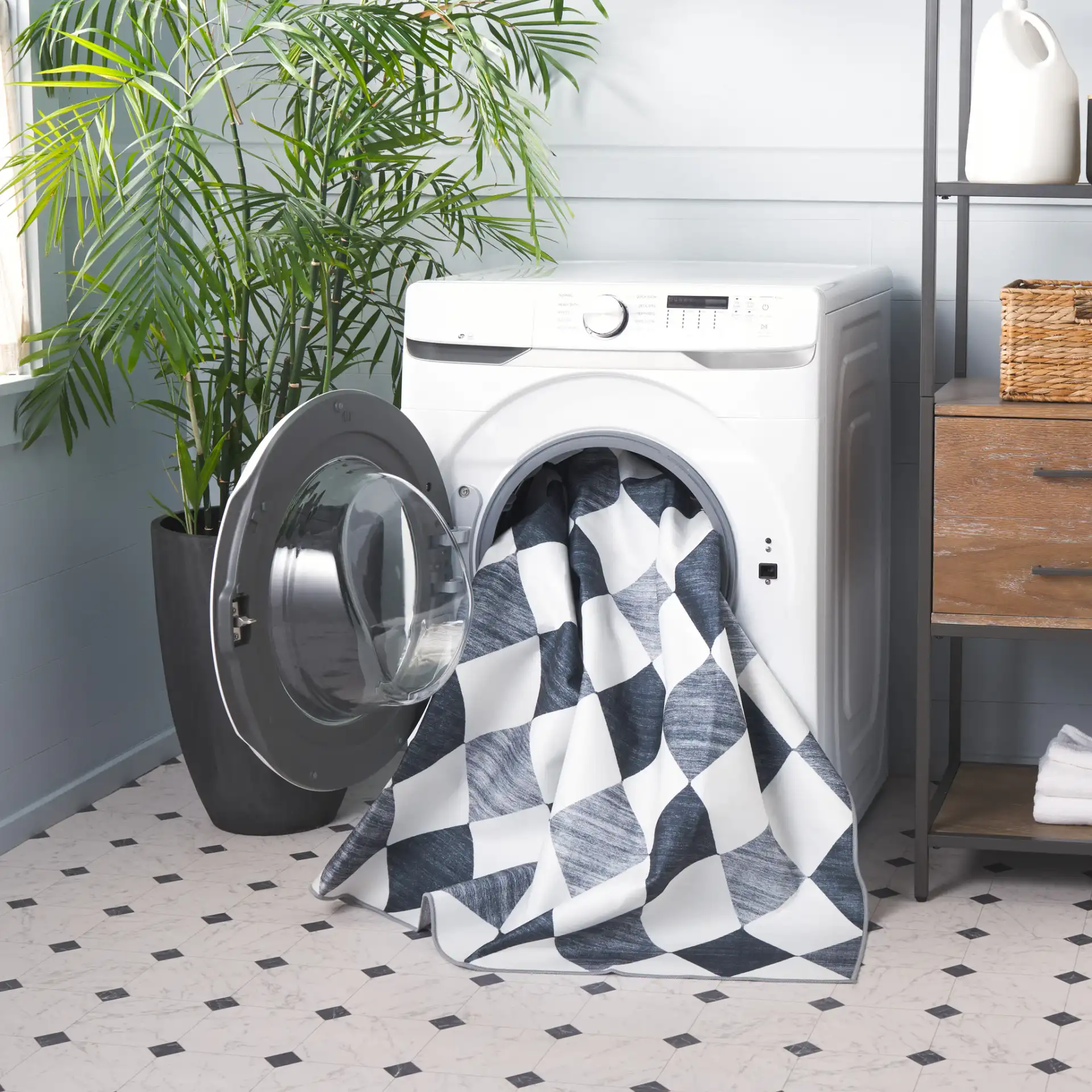 Santa Clara Diamond Washable Rug in Ivory / Gray Black in a styled room