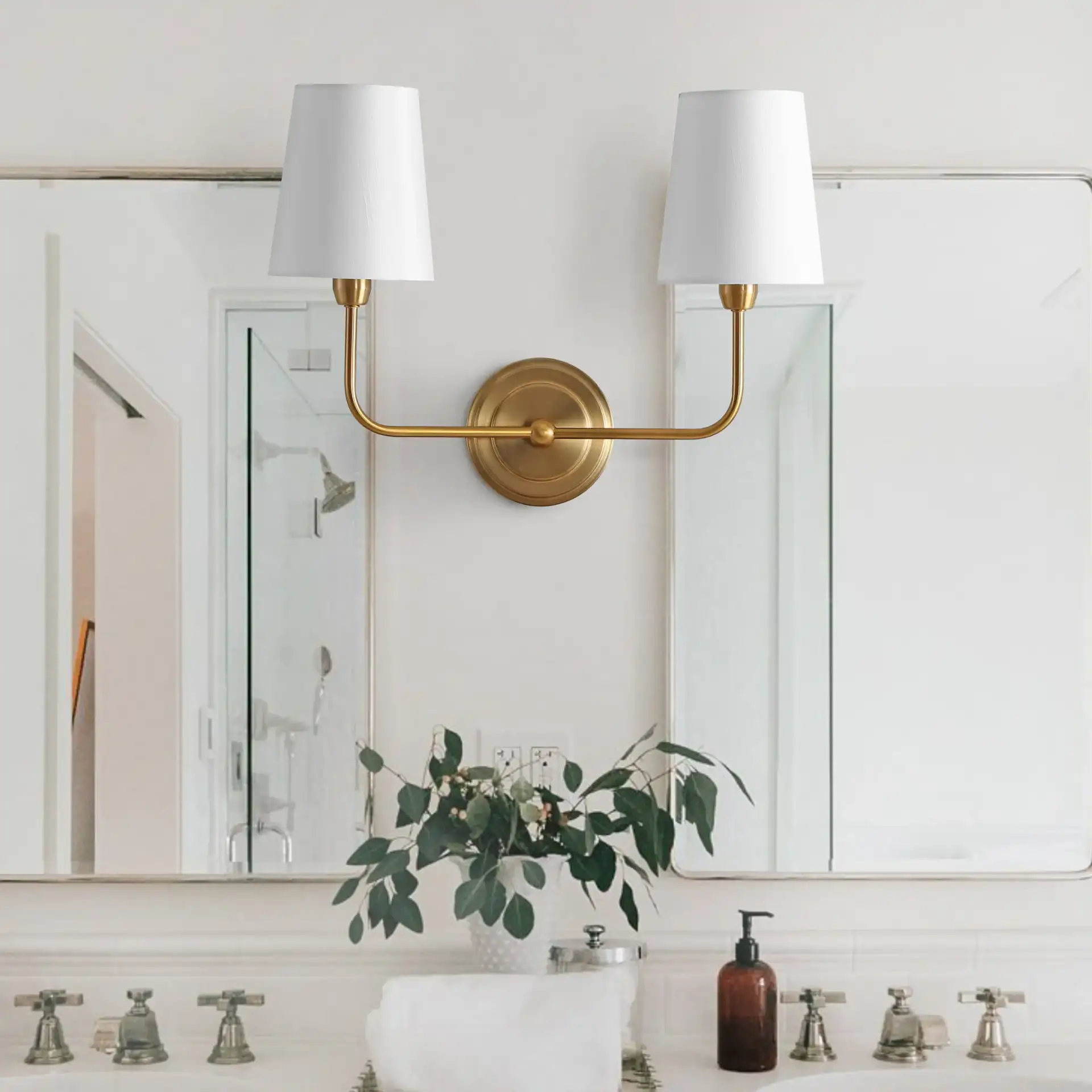 Ezra Two-Light Wall Sconce in Brass, detail view