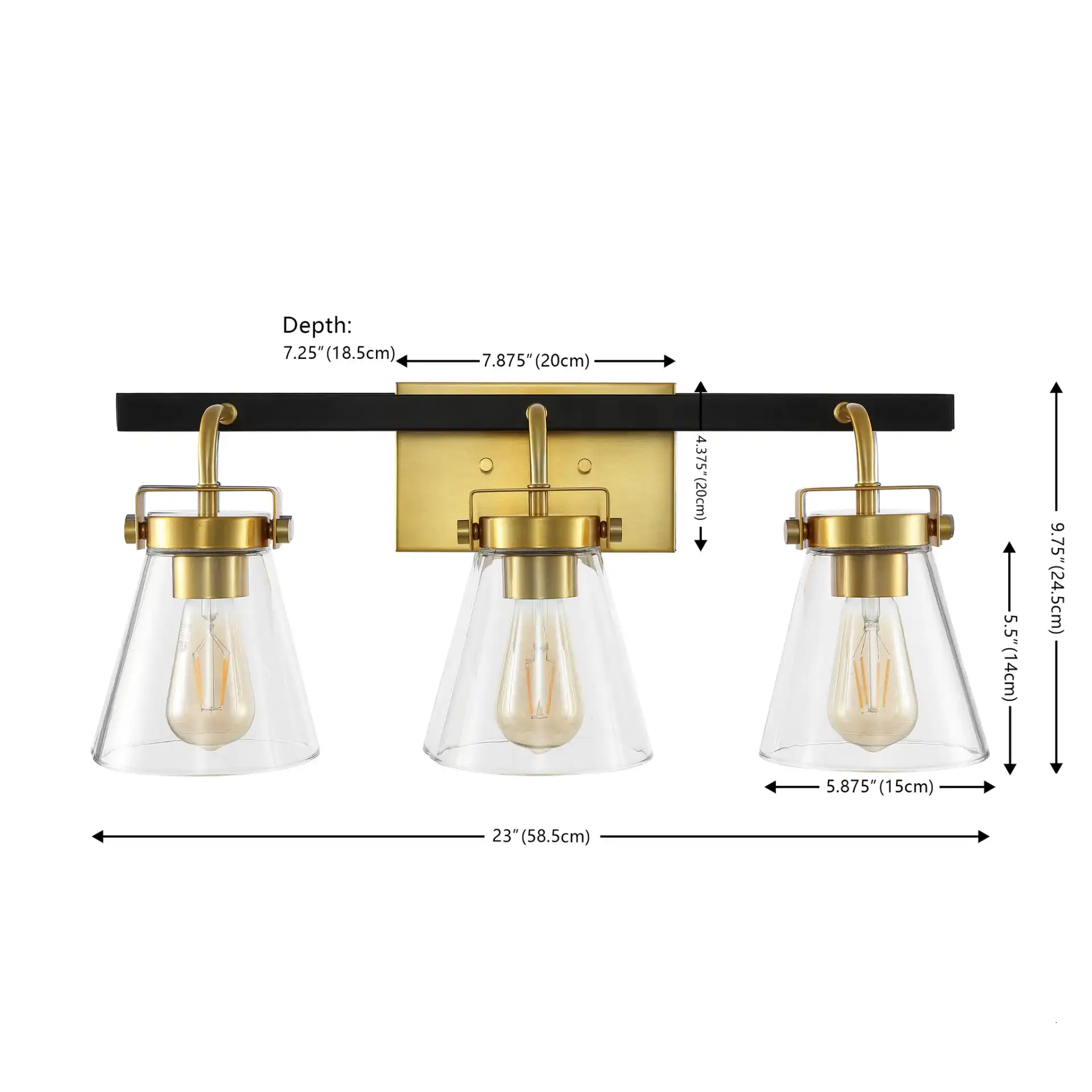 Rayney Three-Light Wall Sconce in Brass / Black, detail view