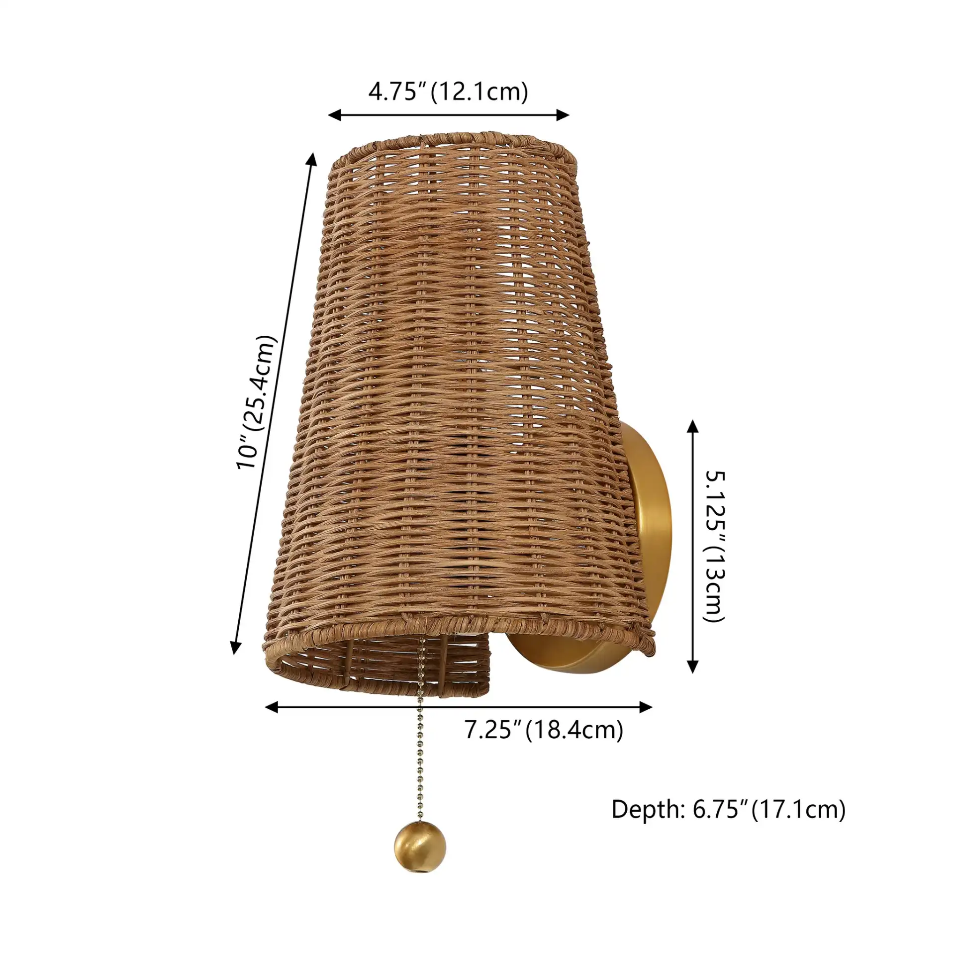 Yanah Iron / Rattan Wall Sconce in Brass Gold / Natural, detail view