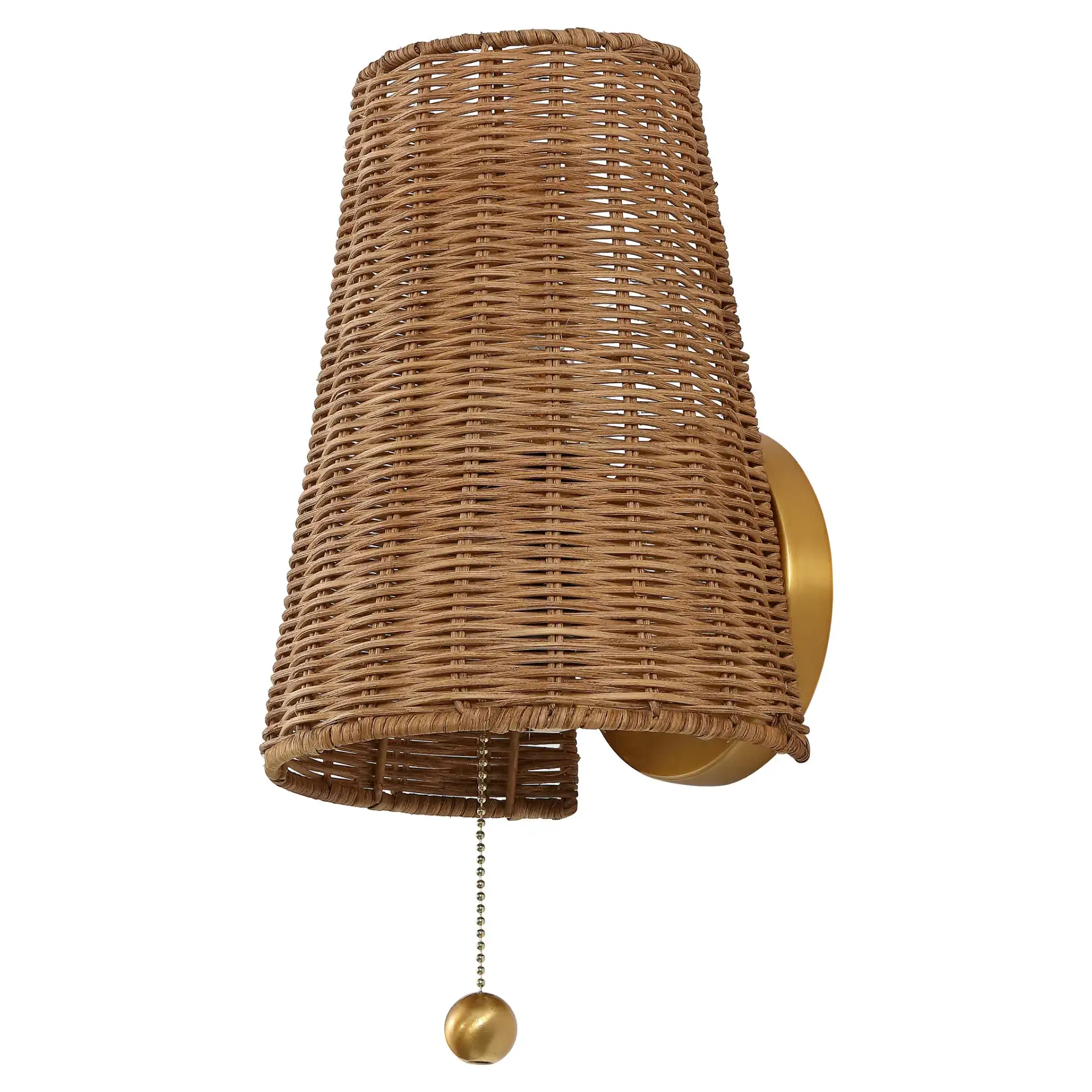 Yanah Iron / Rattan Wall Sconce in Brass Gold / Natural, detail view