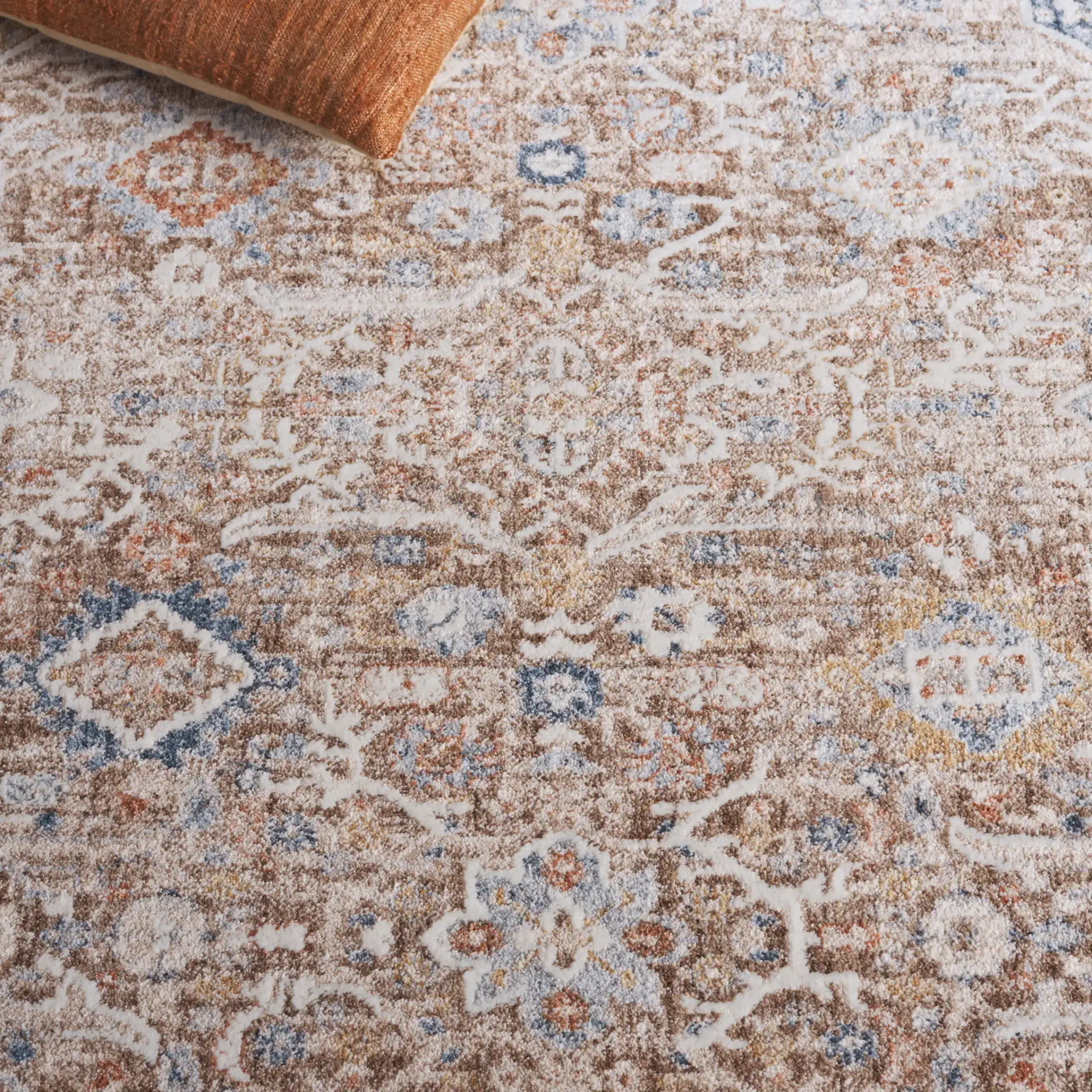 Scarlett Distressed Diamond Border Rug in Brown / Ivory in a styled room