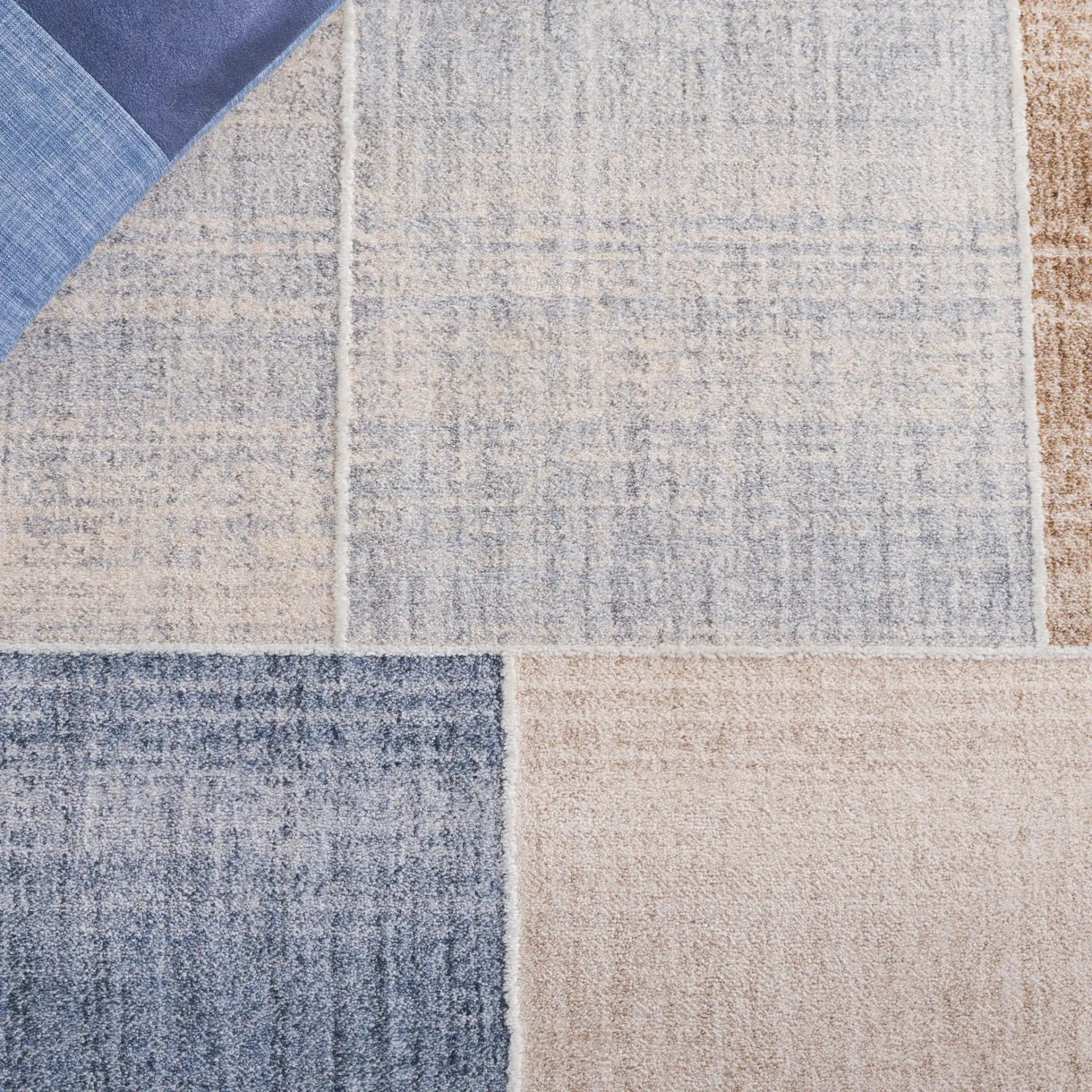 Scarlett Block Patchwork Rug in Beige / Blue Brown in a styled room