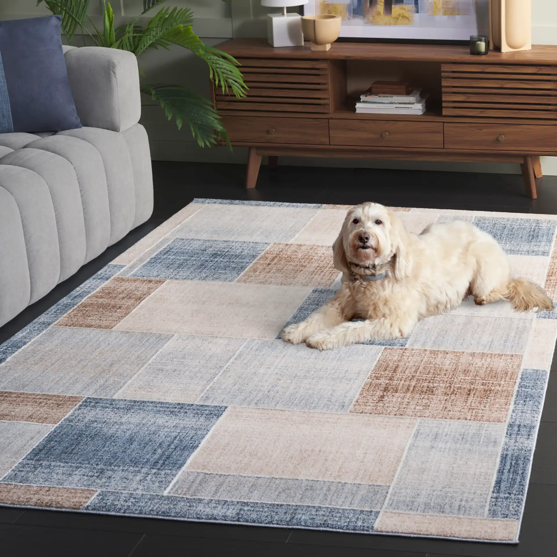 Scarlett Block Patchwork Rug in Beige / Blue Brown in a styled room
