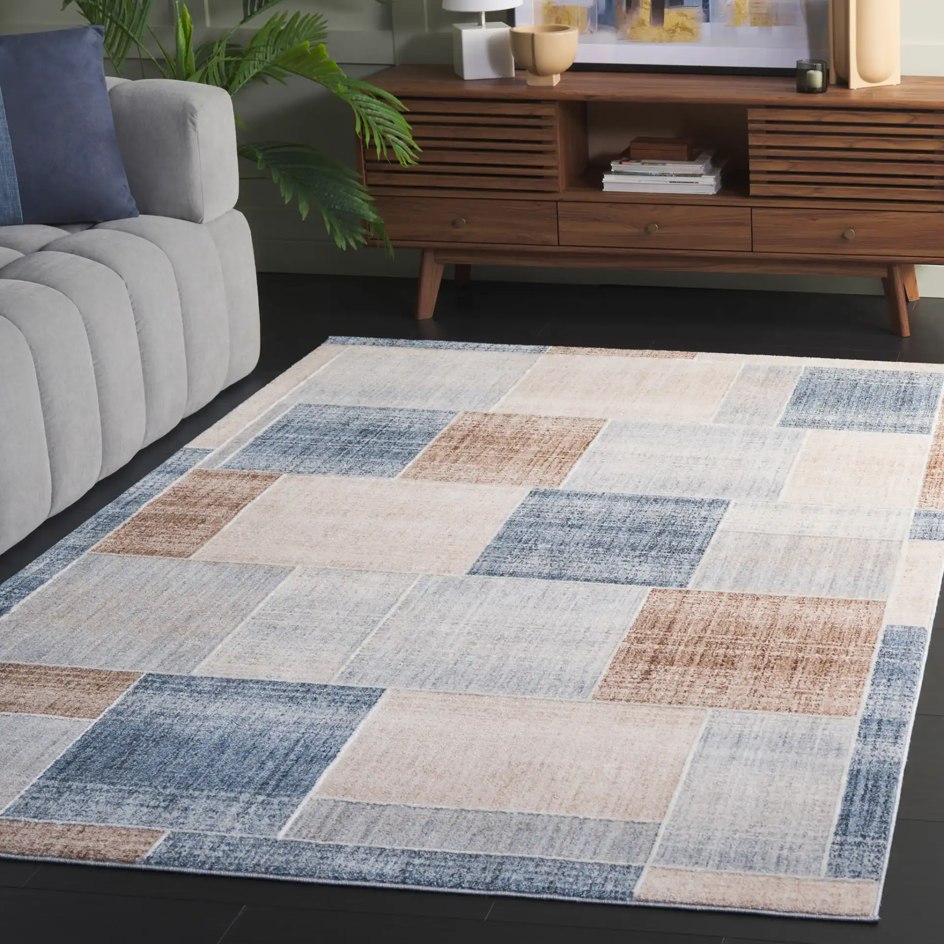 Scarlett Block Patchwork Rug in Beige / Blue Brown in a styled room