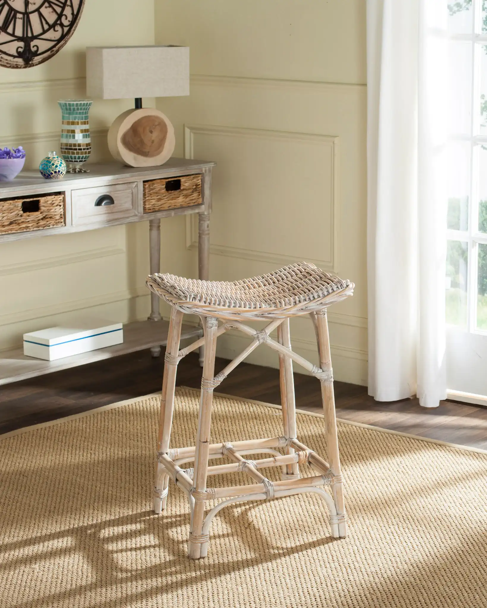 Rayna Stool in White Washed in a styled room