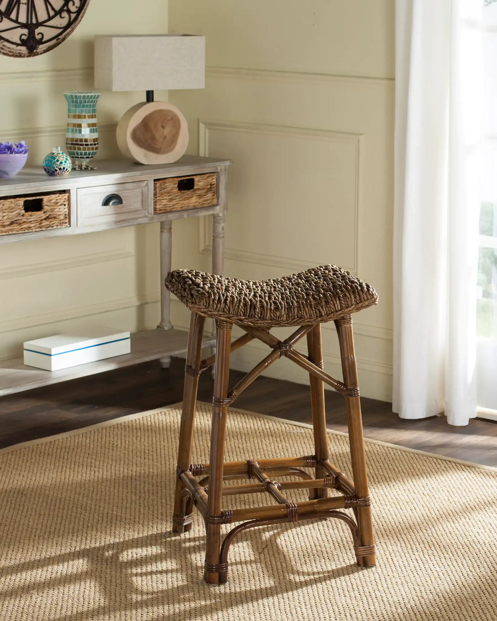 Ramiro Stool in Brown in a styled room