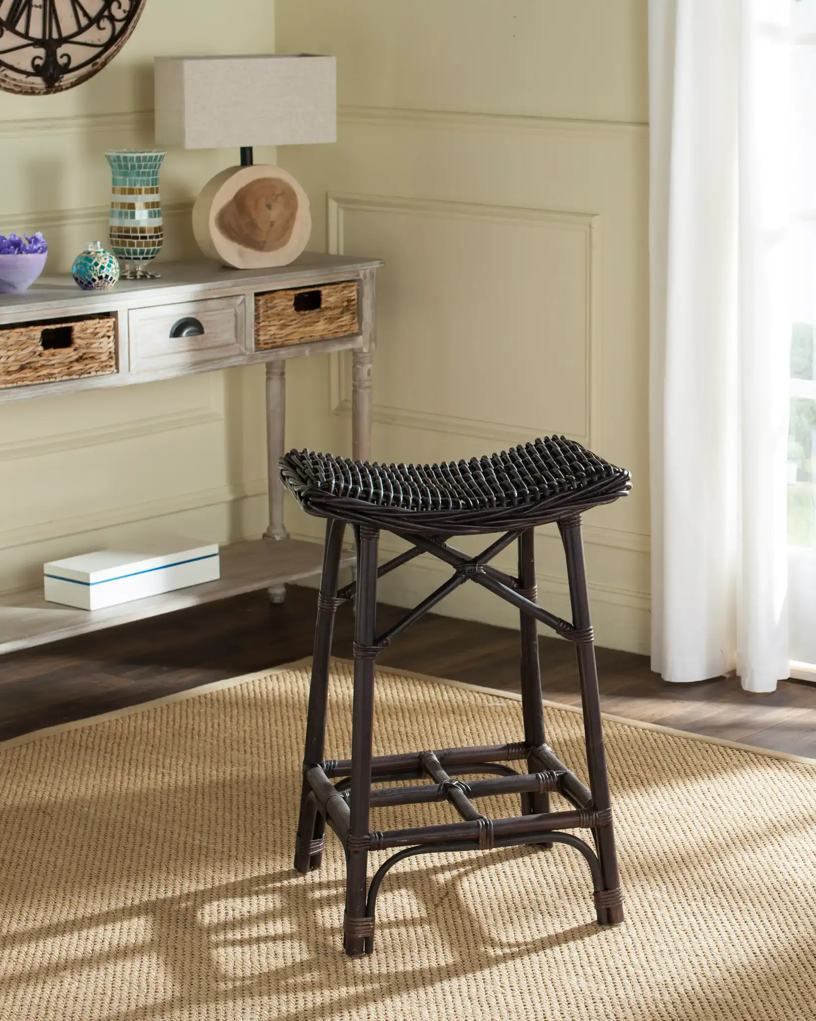 Amara Stool in Brown in a styled room