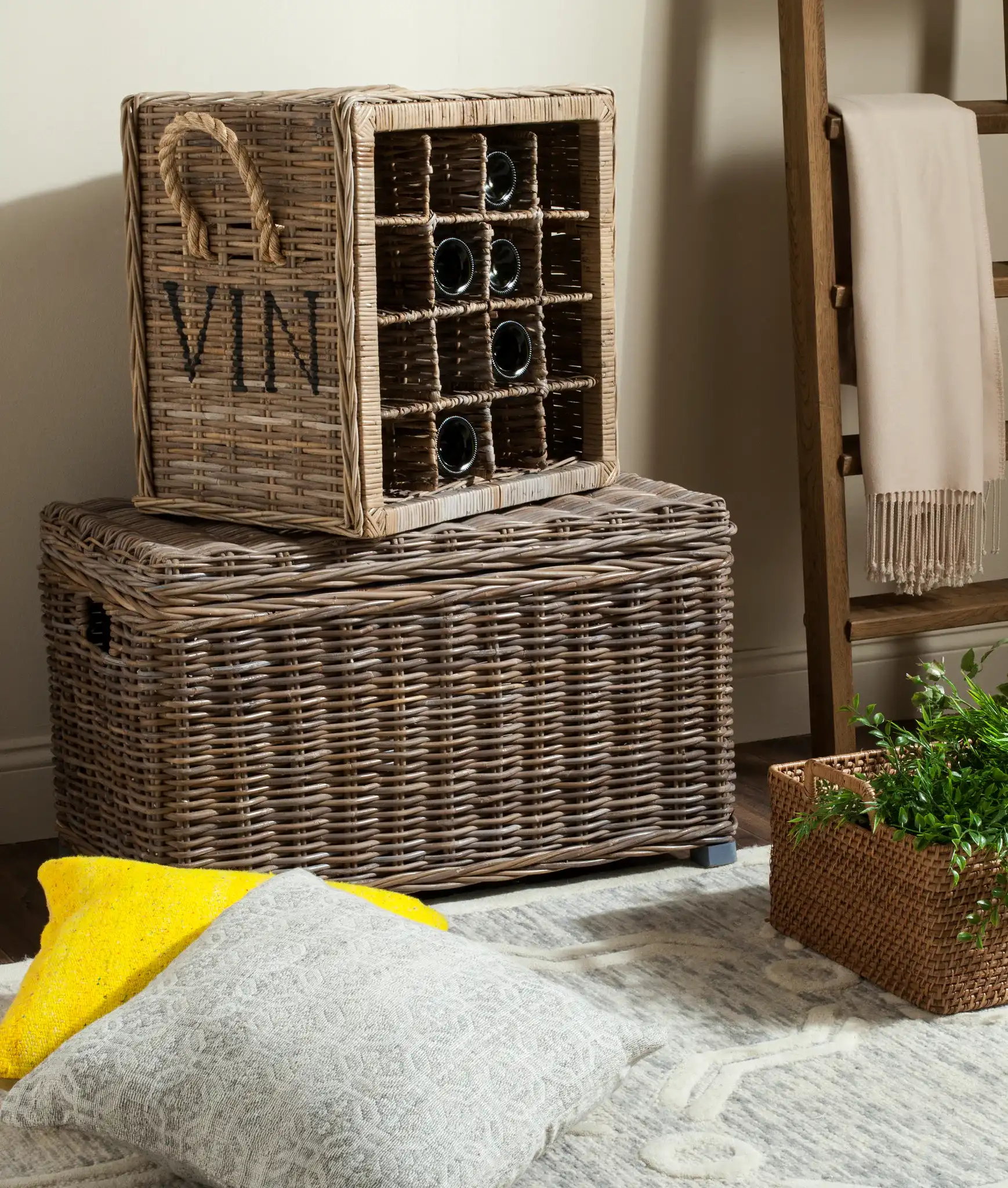 Aziza Wine Rack in Gray in a styled room