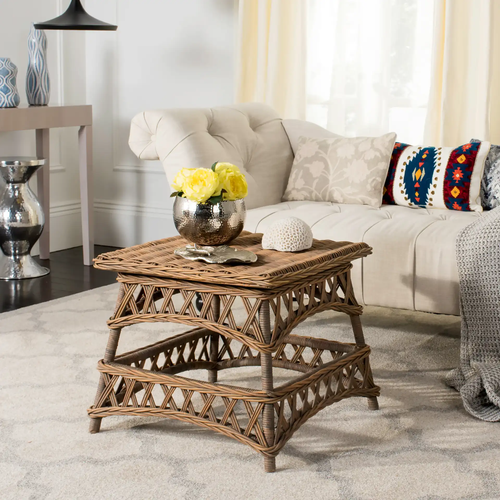 Sora Accent Table in Natural in a styled room
