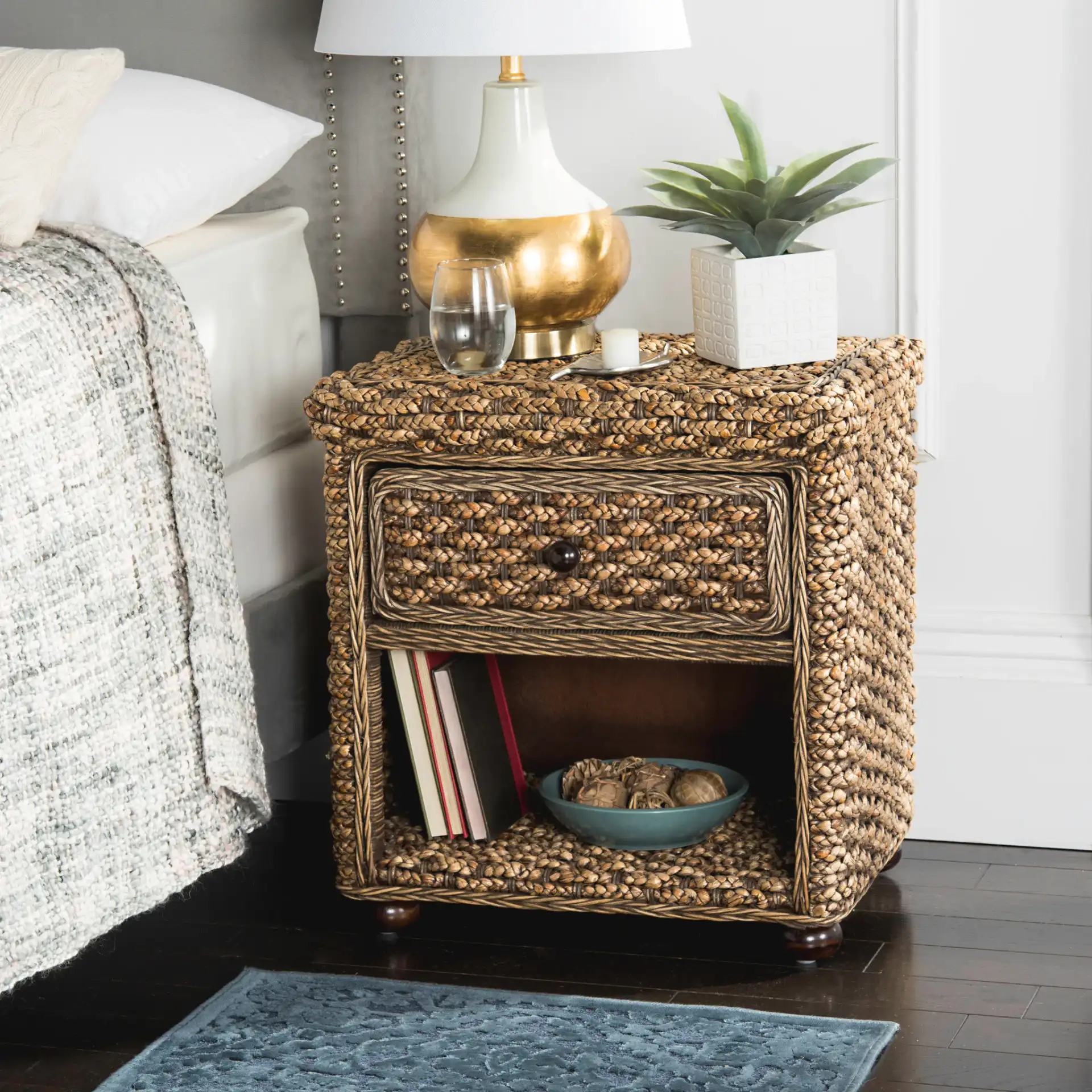 Musa End Table in Brown Wash in a styled room