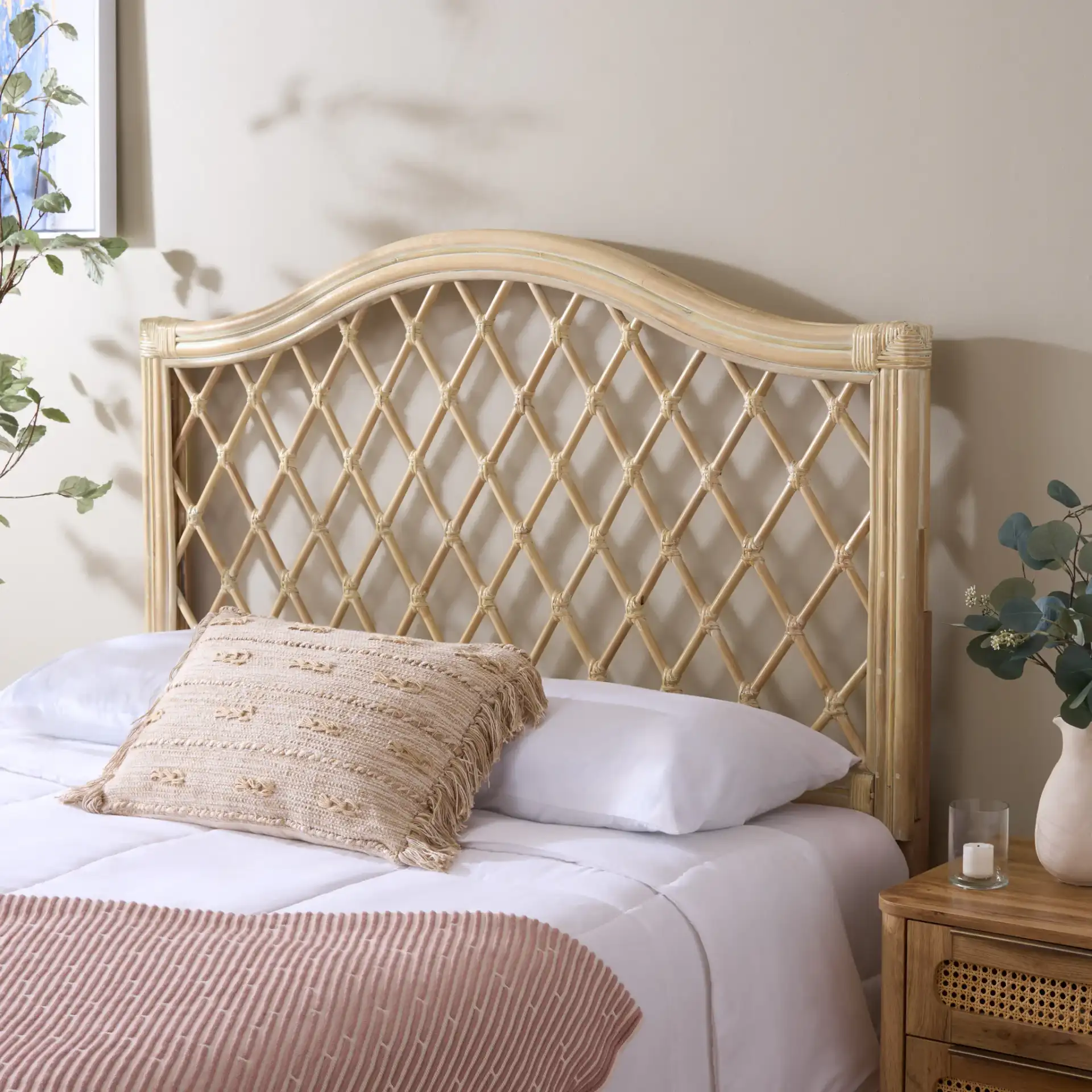Gabrielle Headboard in White Washed in a styled room