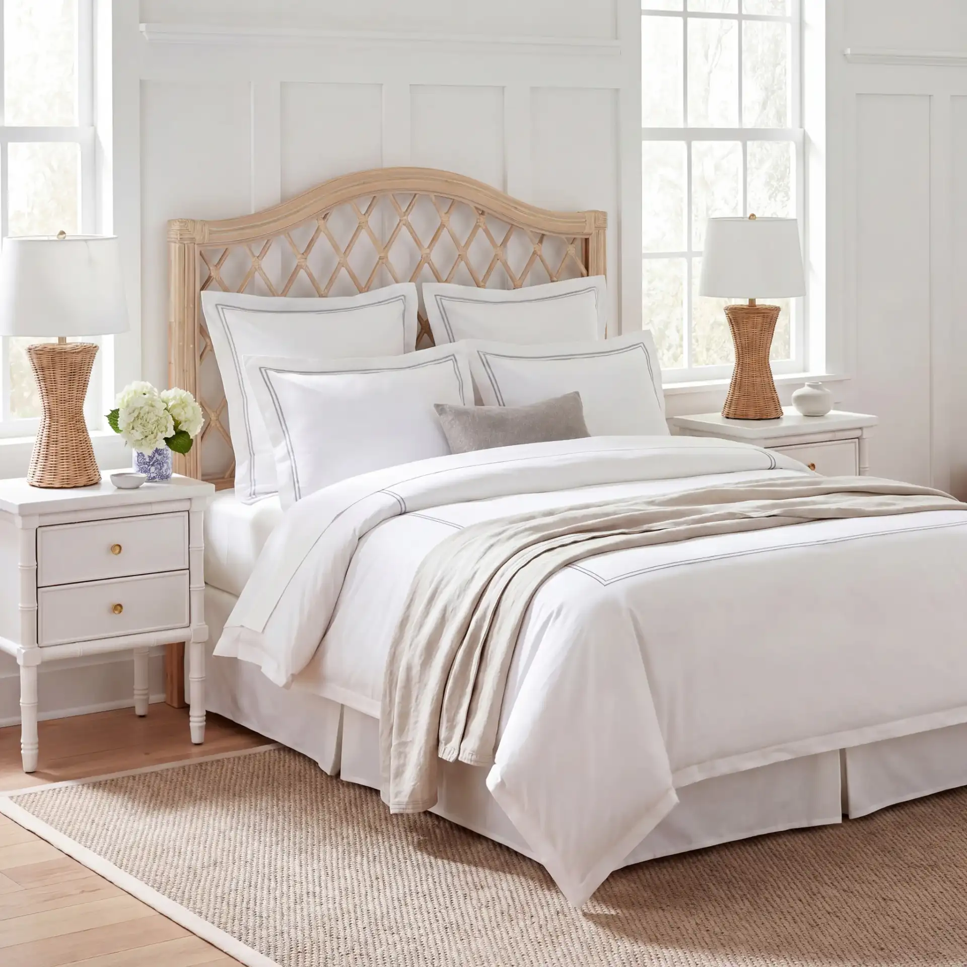 Gabrielle Headboard in White Washed in a styled room