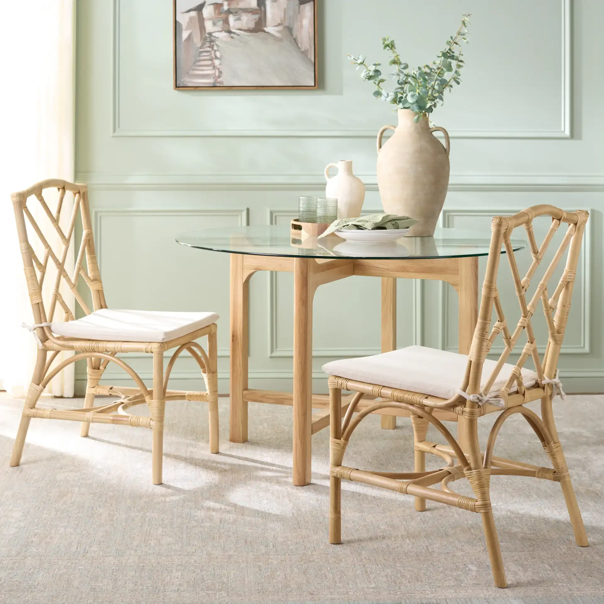 Chadale Rattan Dining Chair (Set of 2) in Natural / Cream in a styled room