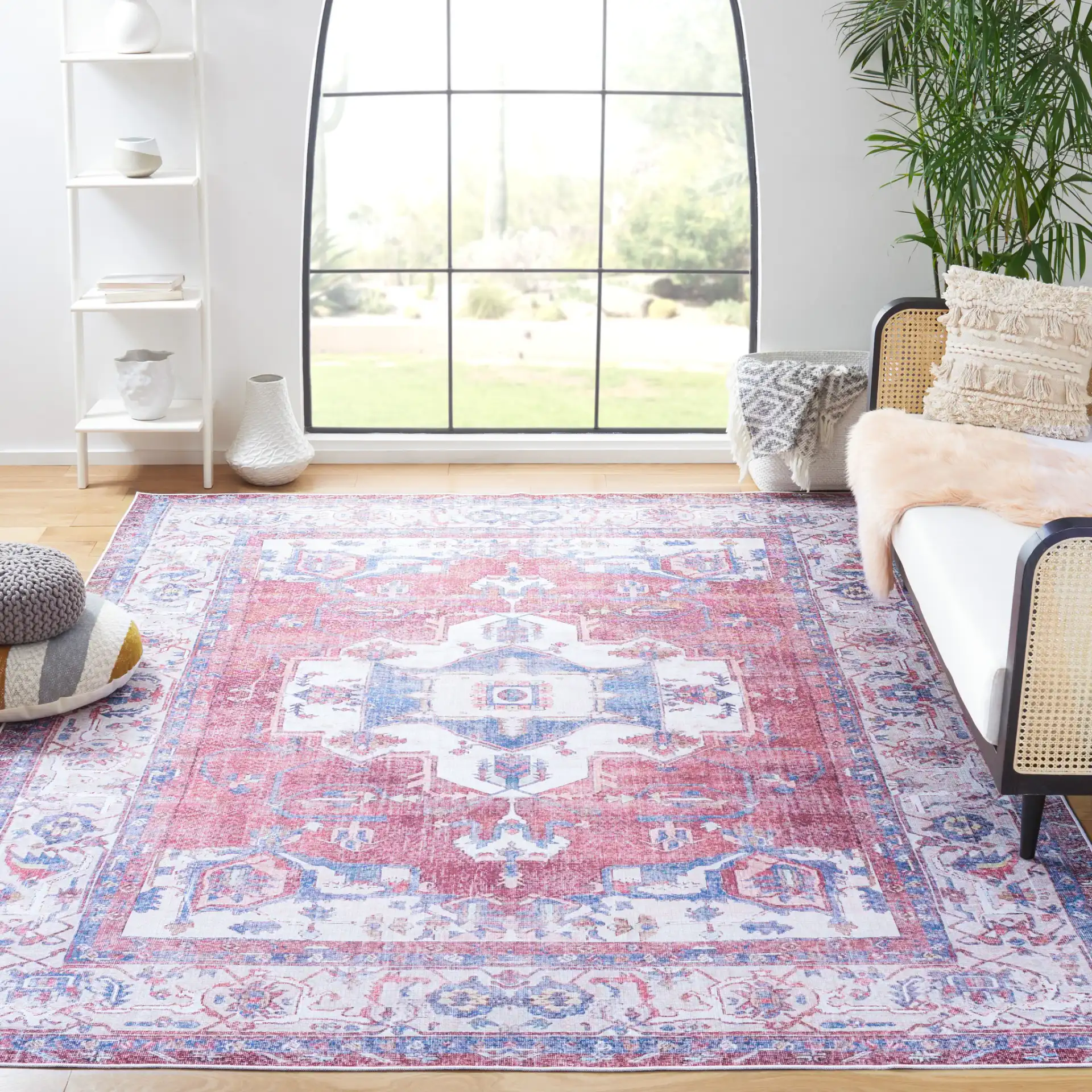 Serapi Panel Medallion Washable Rug in Red / Ivory in a styled room