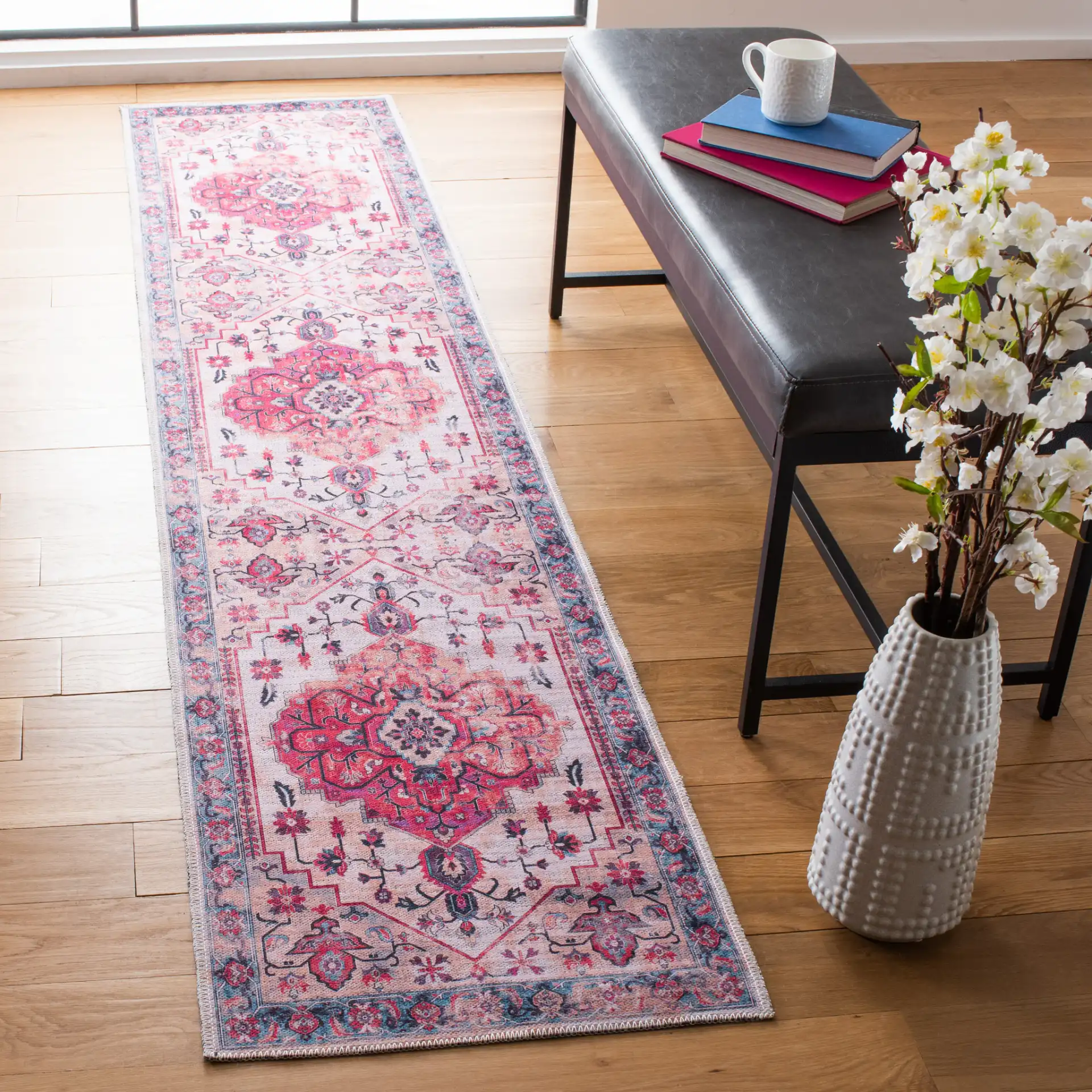 Serapi Round Medallion Washable Rug in Ivory / Light Blue in a styled room