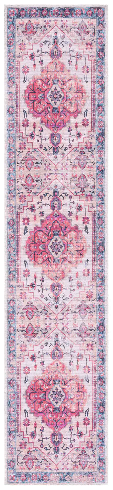 Serapi Round Medallion Washable Rug in Ivory / Light Blue