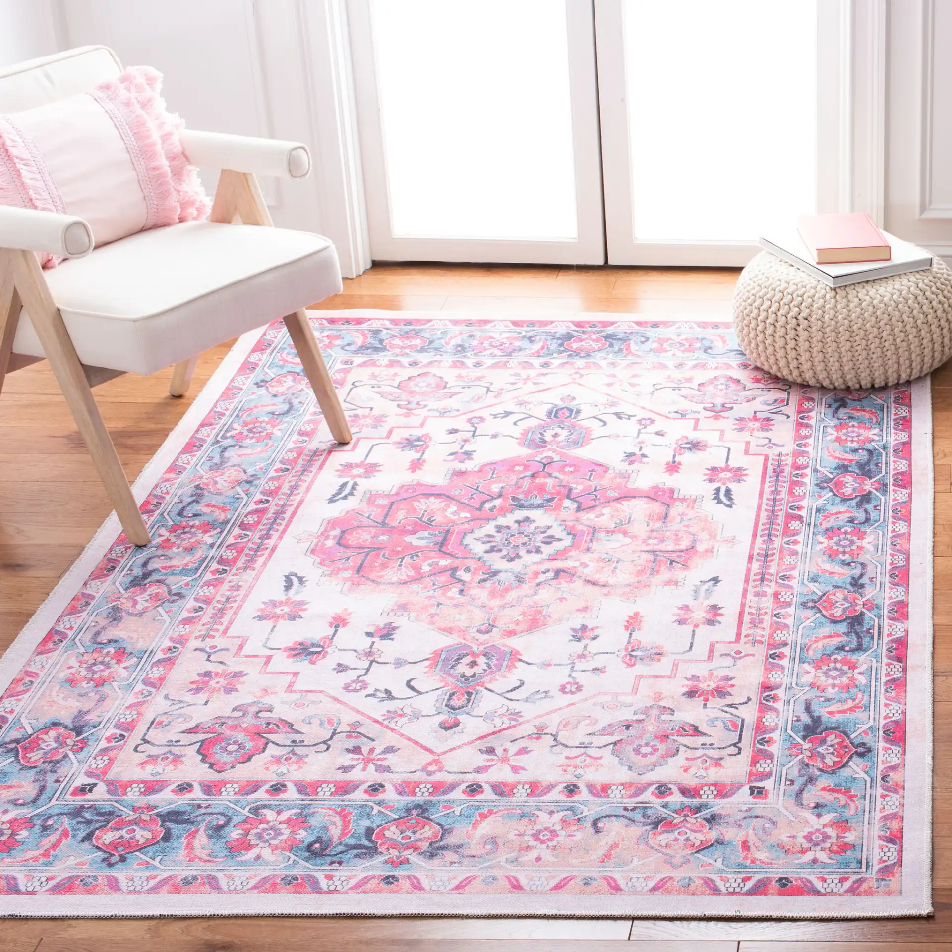 Serapi Round Medallion Washable Rug in Ivory / Light Blue in a styled room