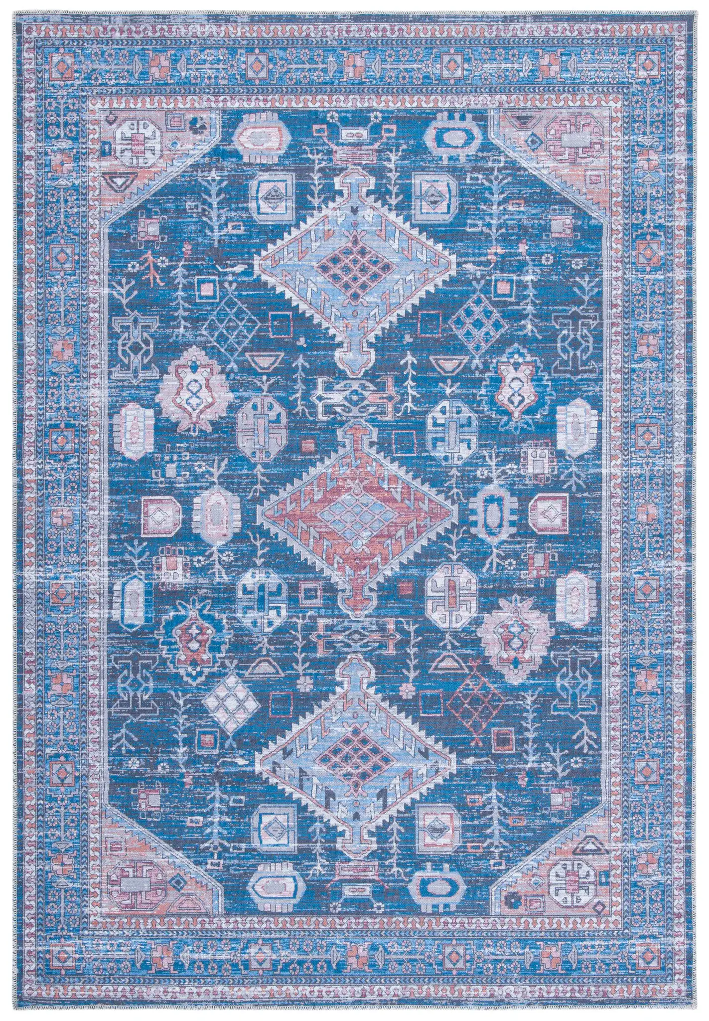 Serapi Diamond Medallion Washable Rug in Blue / Ivory