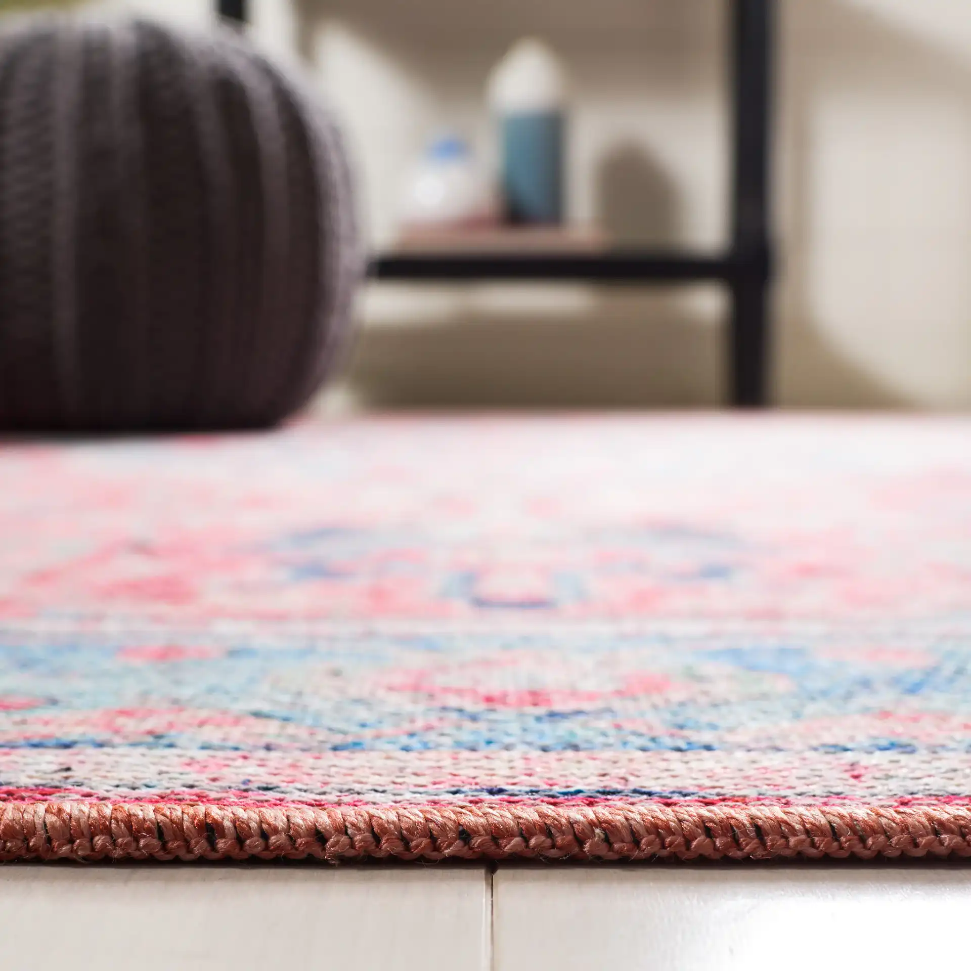 Serapi Central Medallion Washable Rug in Light Blue / Red in a styled room